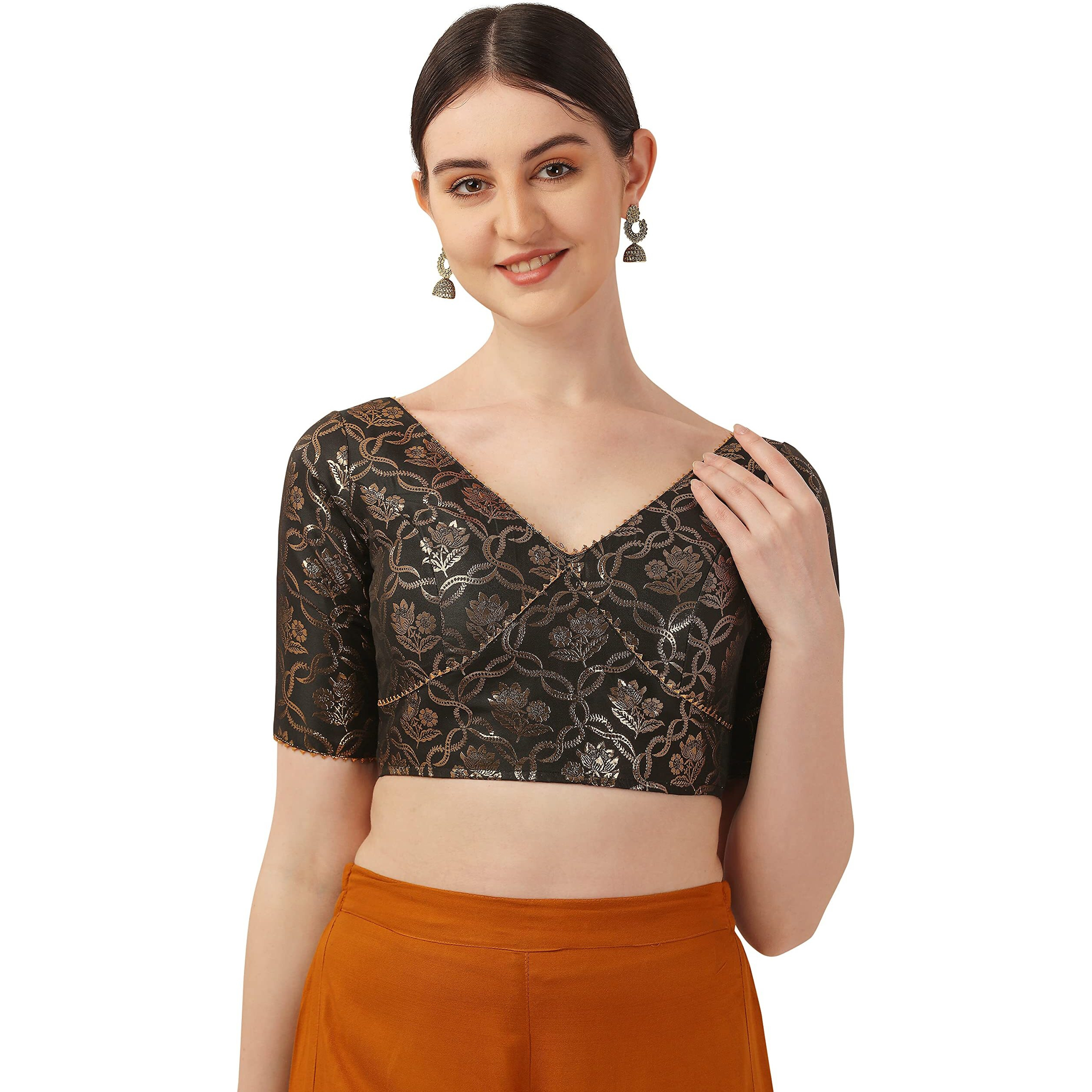 OOMPH Women's Indian Ethnic Wear Designer Lace Work V Neck Half Sleeve Blouse for Saree or Lehnga and BlousePalazzos or Skirts for a Fusion Twist.