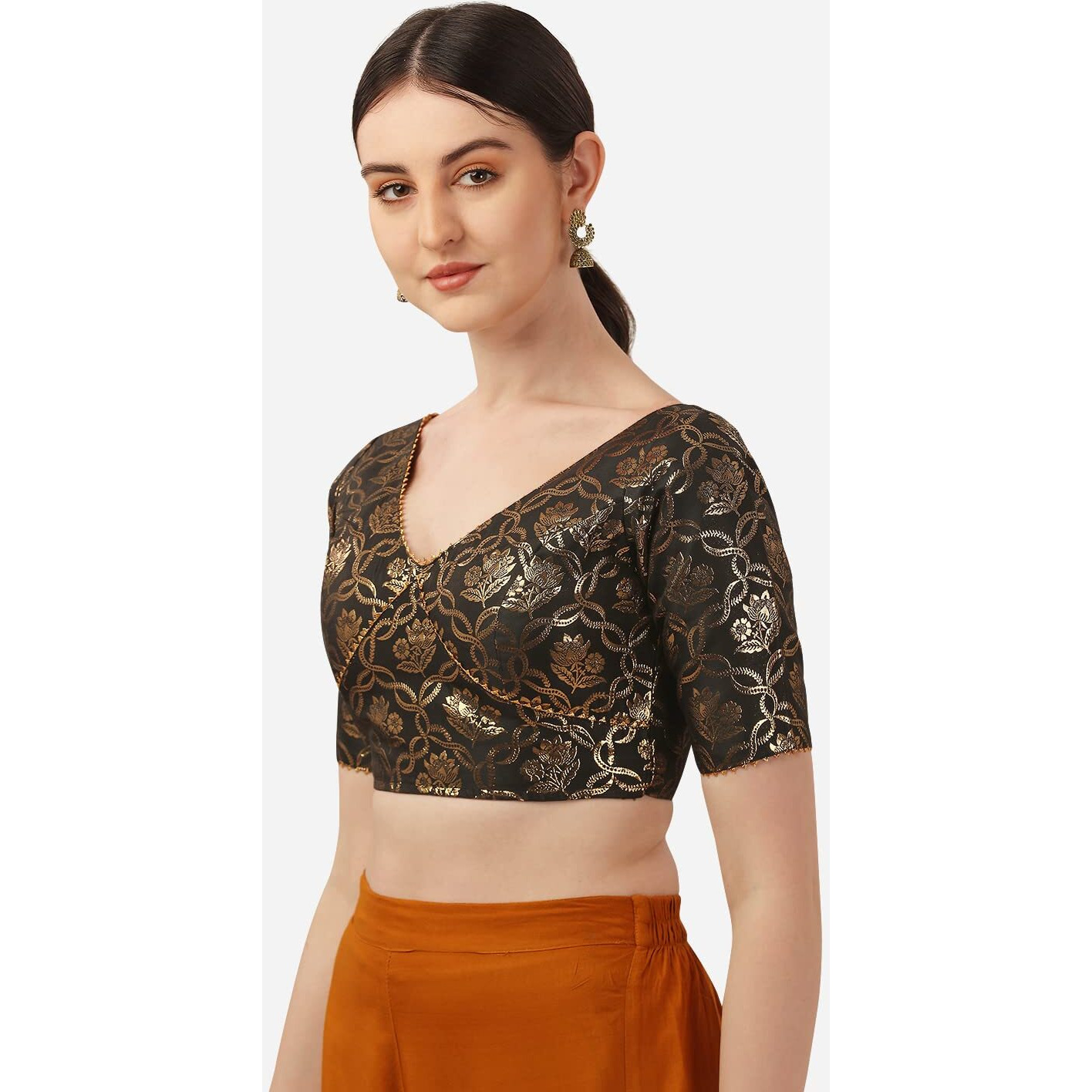 OOMPH Women's Indian Ethnic Wear Designer Lace Work V Neck Half Sleeve Blouse for Saree or Lehnga and BlousePalazzos or Skirts for a Fusion Twist.