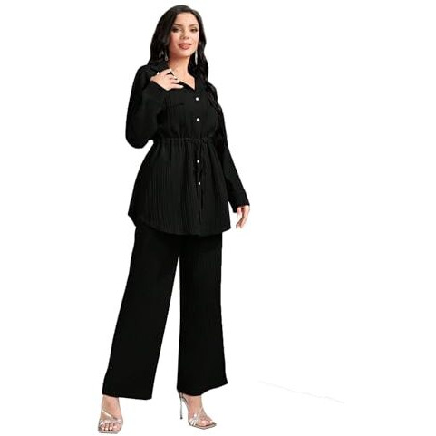 TADKEE Women's Solid Color Casual Long Sleeve Top and Pant Co-ord Set with Pockets | Co ord Set for Women | Kurta Set for Women (FN-Sugar-Full-Pocket-127-Black-XXL)