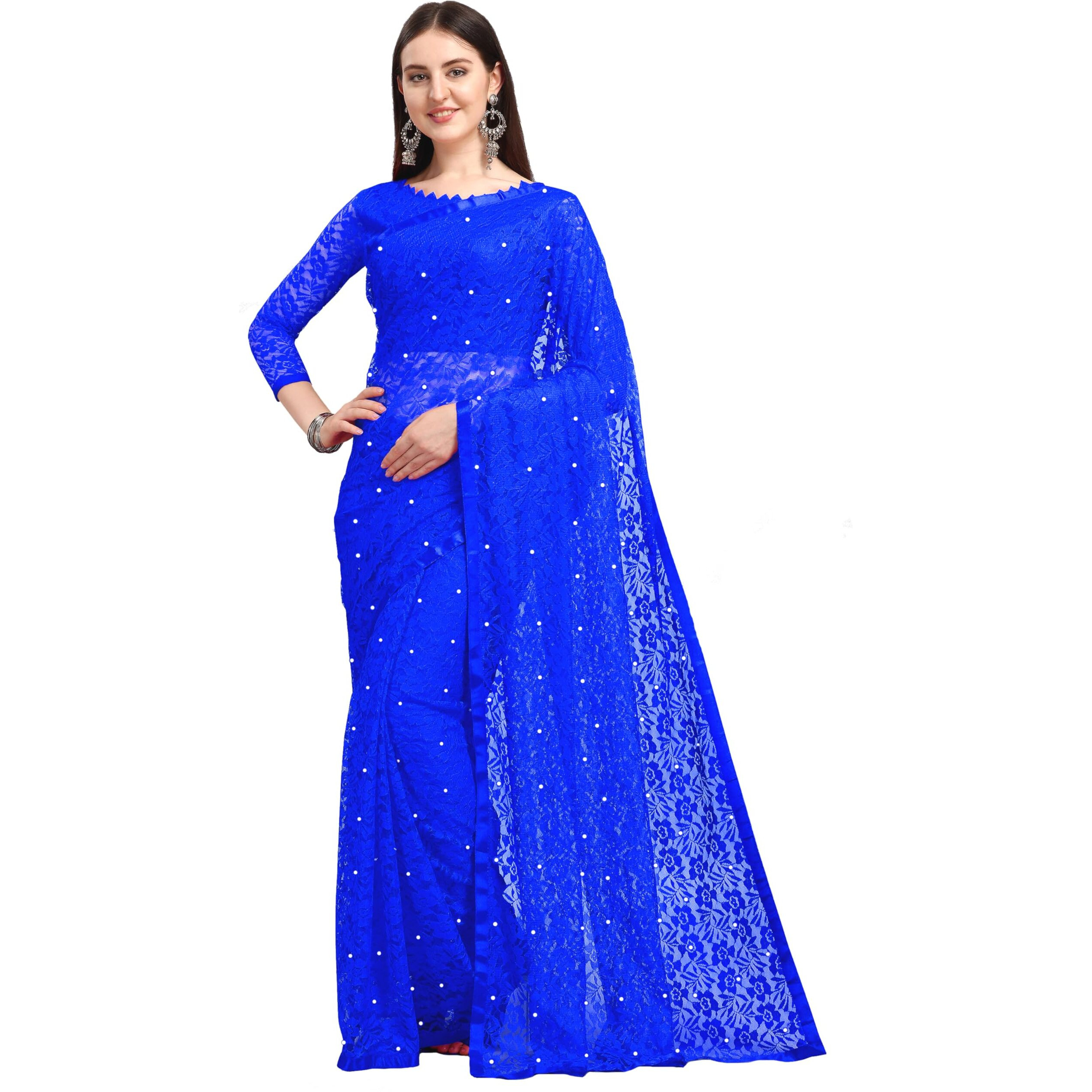 LOROFY Women's Brasso Net Saree With Blouse (Blue)