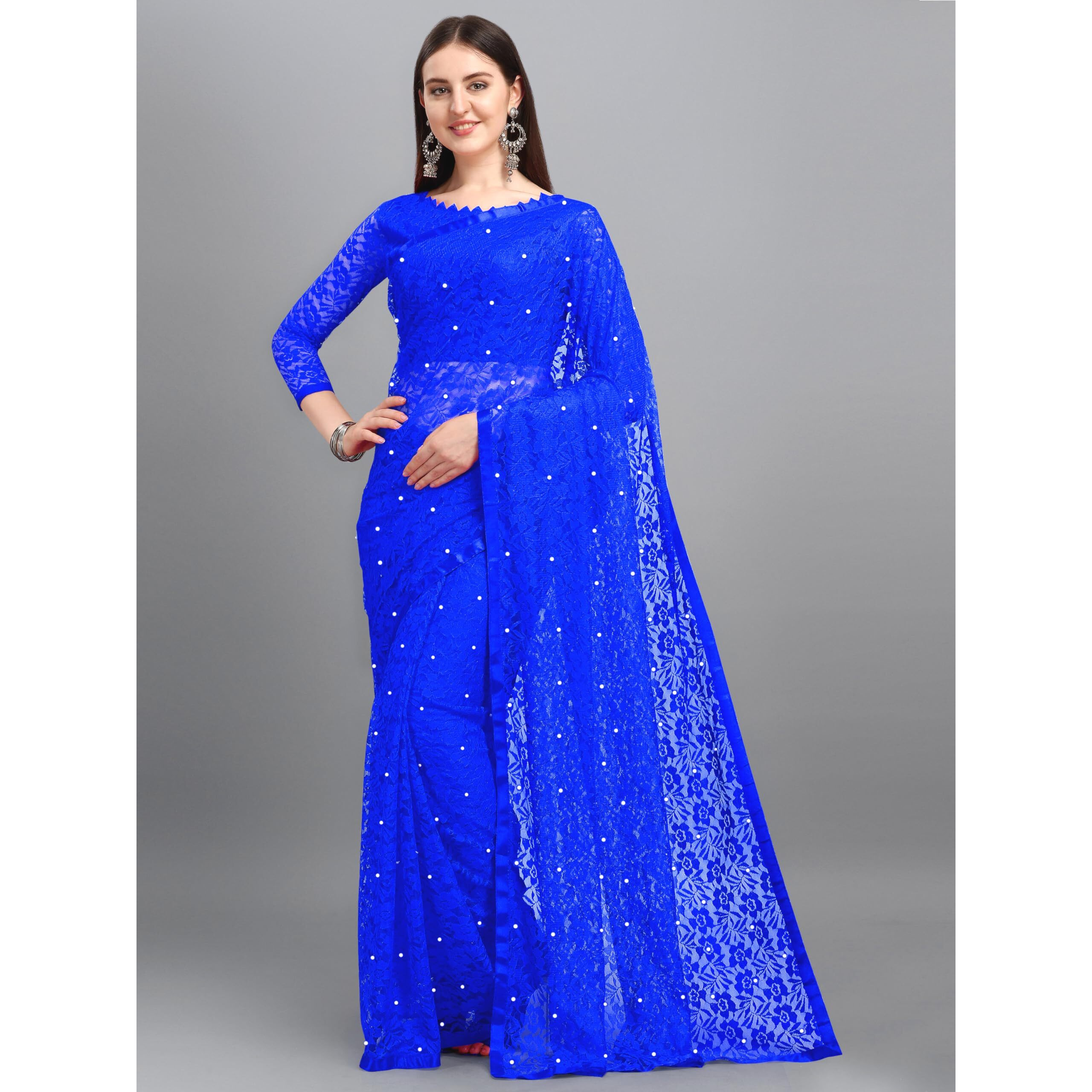 LOROFY Women's Brasso Net Saree With Blouse (Blue)