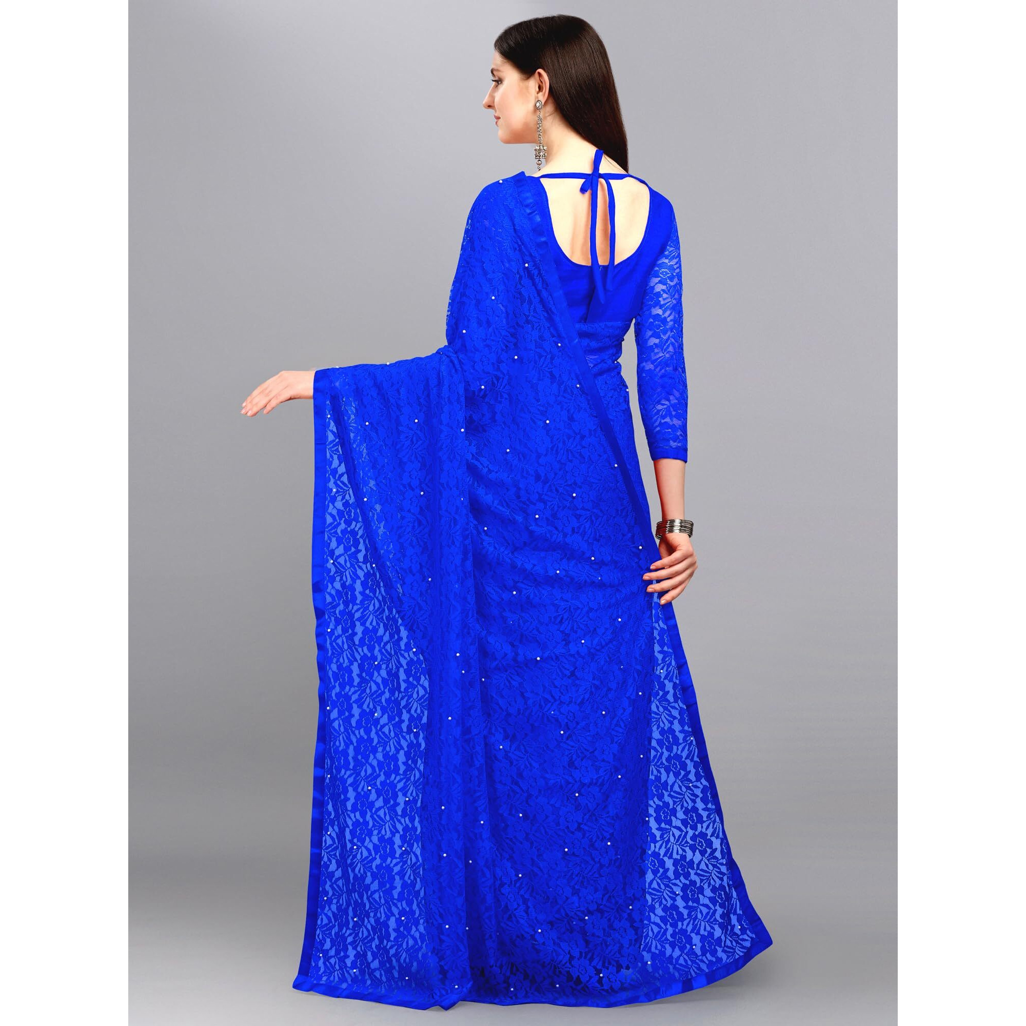 LOROFY Women's Brasso Net Saree With Blouse (Blue)