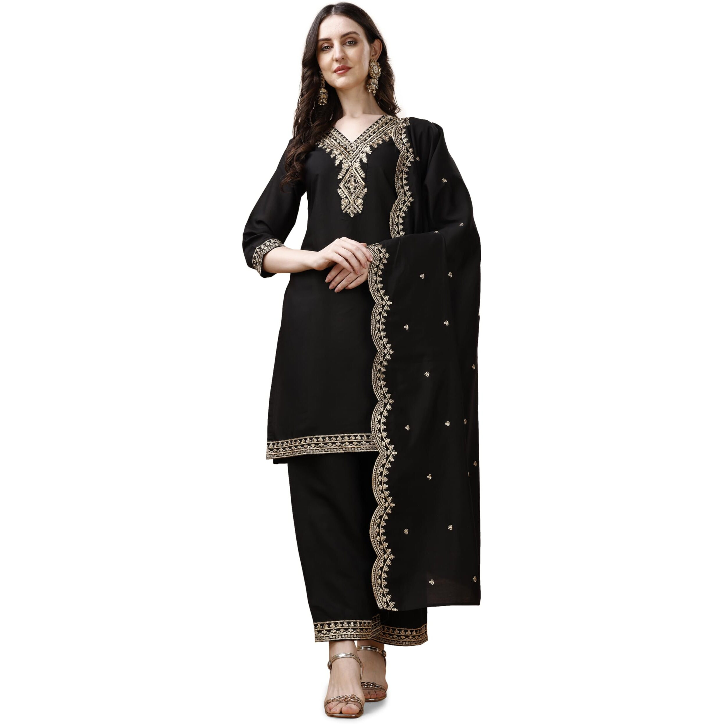 Pratham Blue Kurta Set for Women Silk Embroidered Straight Kurta Set for Women with Palazzos and Dupatta (PB-6063-XL_Black)