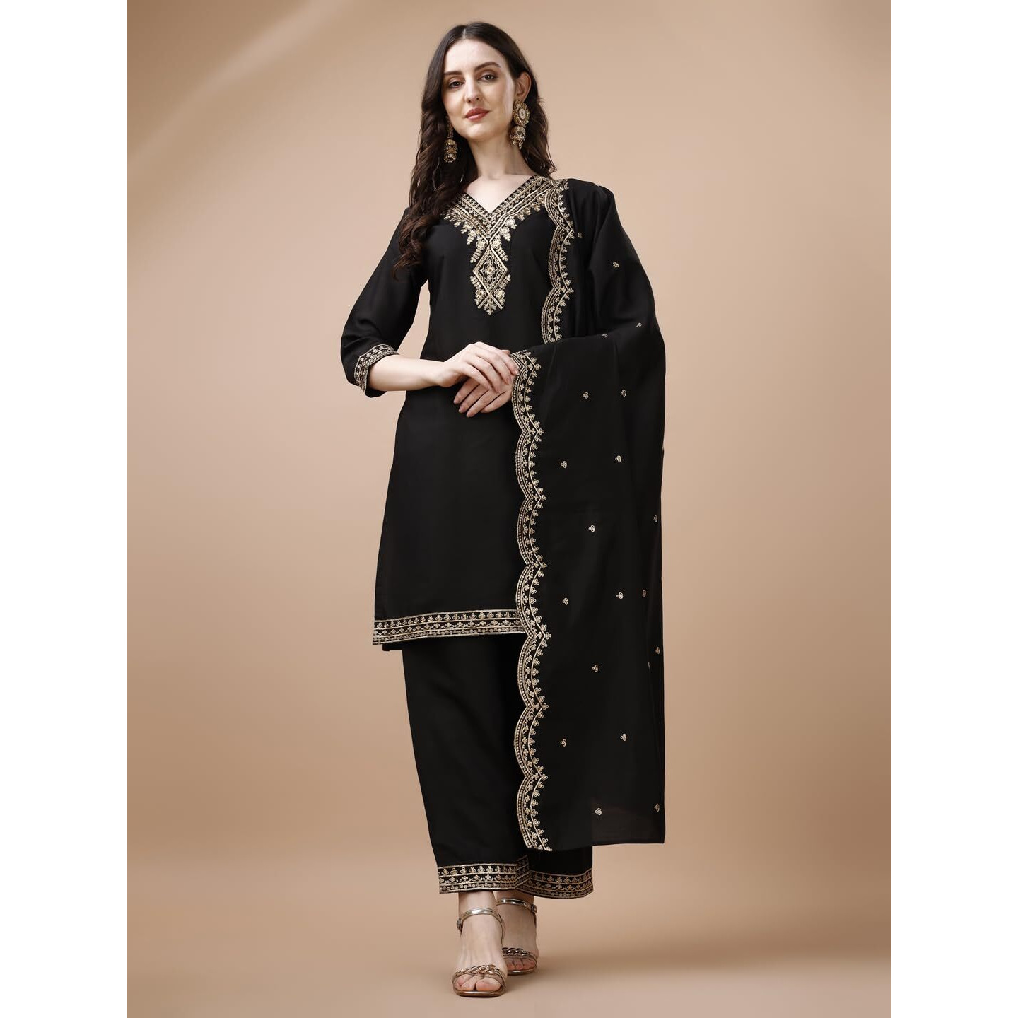 Pratham Blue Kurta Set for Women Silk Embroidered Straight Kurta Set for Women with Palazzos and Dupatta (PB-6063-XL_Black)