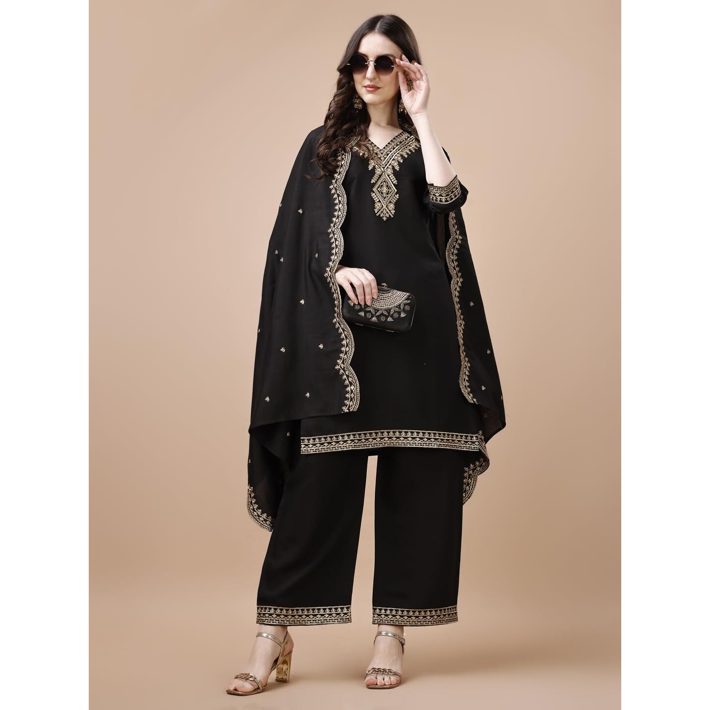 Pratham Blue Kurta Set for Women Silk Embroidered Straight Kurta Set for Women with Palazzos and Dupatta (PB-6063-XL_Black)