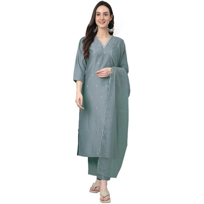Janasya Women's Ice Blue Chinnon Embroidered Regular Kurta Set (JAA24ST00369-XL)