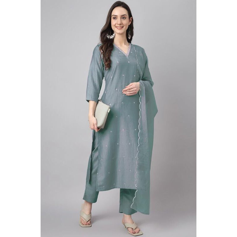 Janasya Women's Ice Blue Chinnon Embroidered Regular Kurta Set (JAA24ST00369-XL)