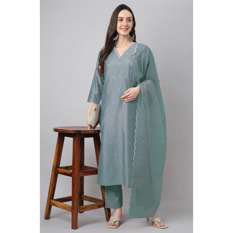 Janasya Women's Ice Blue Chinnon Embroidered Regular Kurta Set (JAA24ST00369-XL)