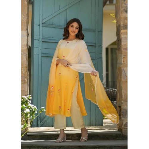 FABNEX Kurta set for women | women kurta set | Women Kurta Sets Kurtis | Women Kurta Pant Set (K-102-YELLOW-L)