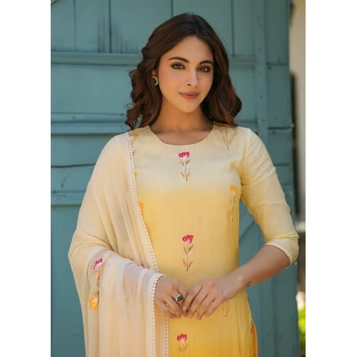FABNEX Kurta set for women | women kurta set | Women Kurta Sets Kurtis | Women Kurta Pant Set (K-102-YELLOW-L)
