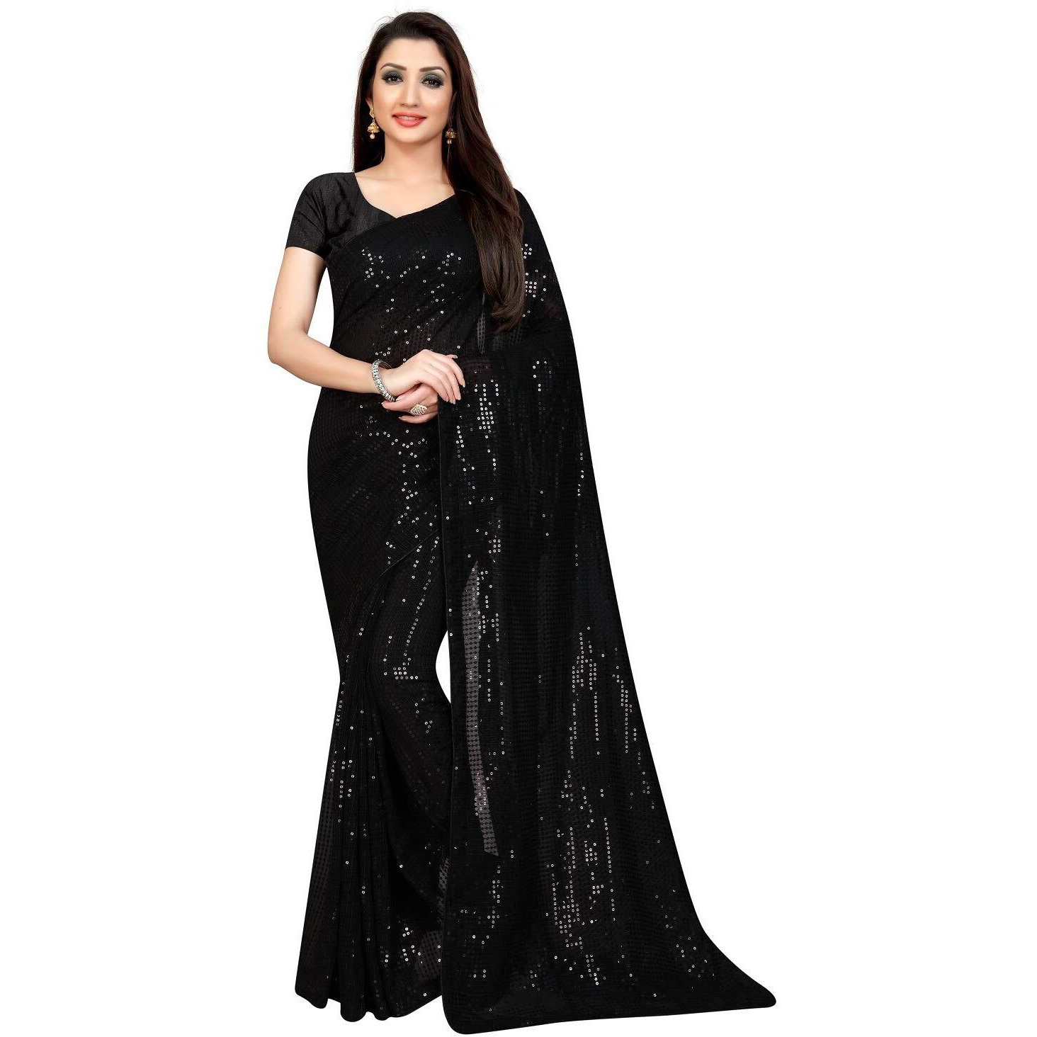 Florely Women's Pure Georgette sequence saree with unstiched blouse piece(Free size) (Black)