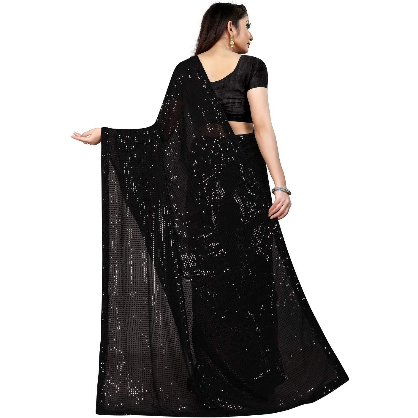Florely Women's Pure Georgette sequence saree with unstiched blouse piece(Free size) (Black)