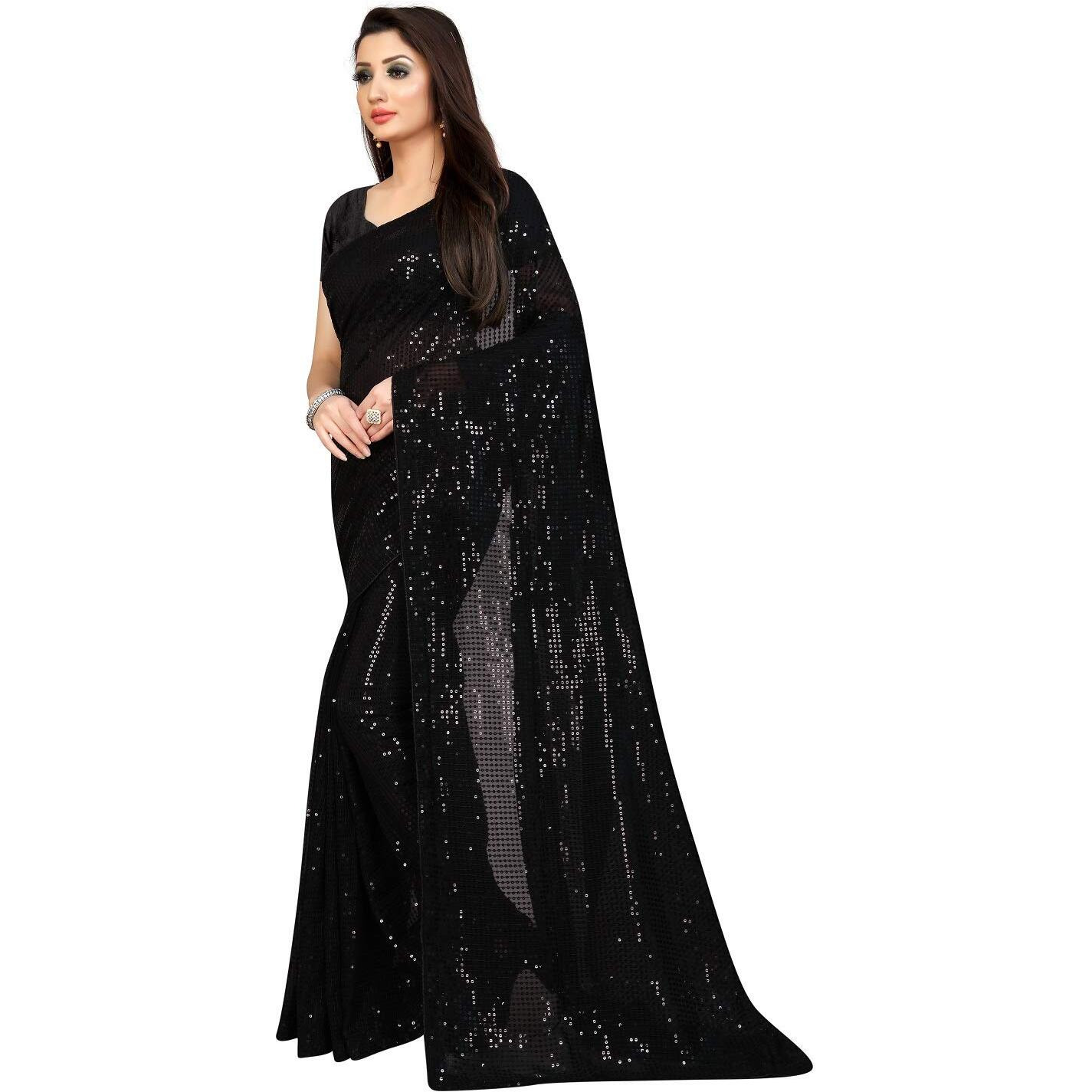 Florely Women's Pure Georgette sequence saree with unstiched blouse piece(Free size) (Black)
