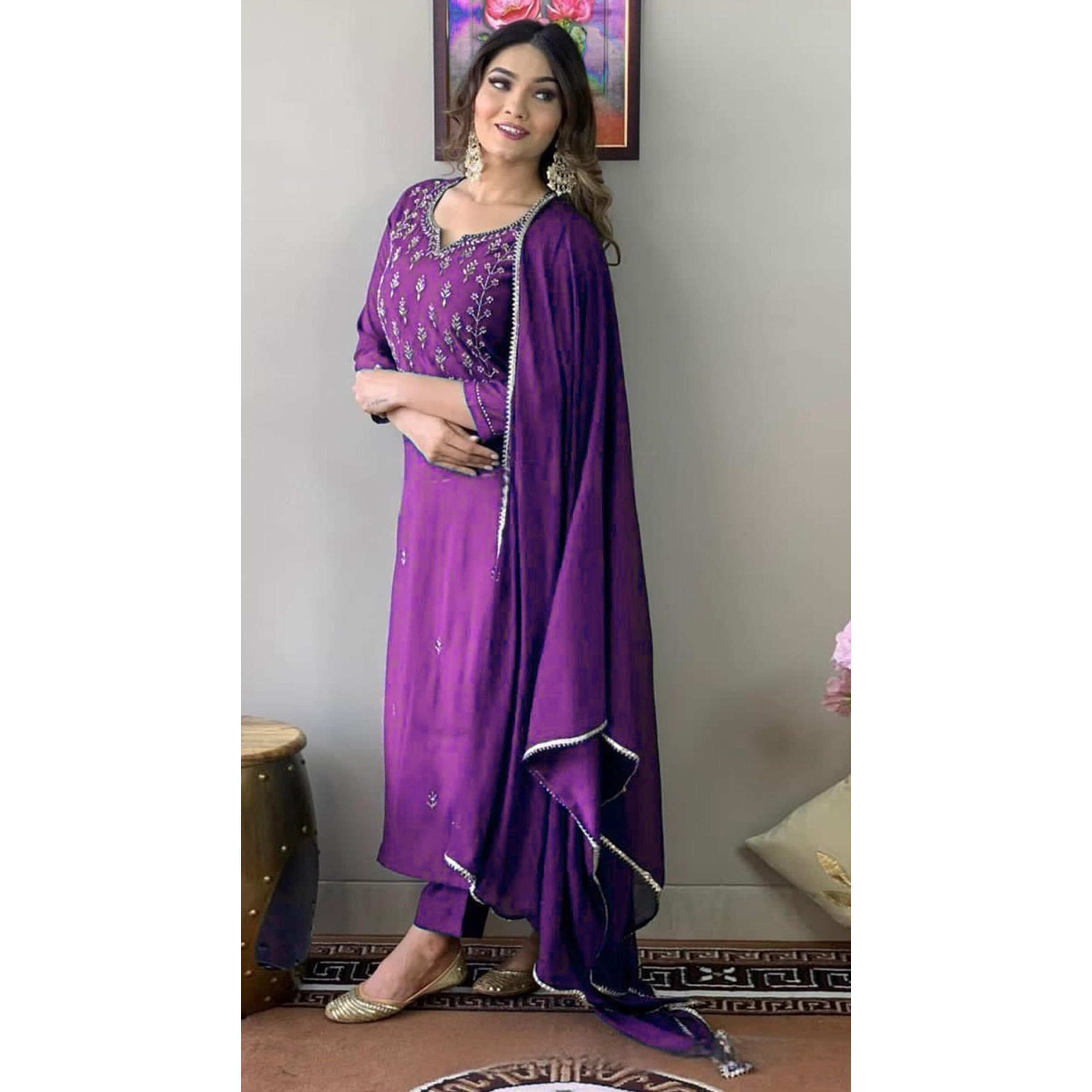 Florely Women's and Girl's Slub Rayon Cotton Regular Sequence Embroidered Work Latest Kurti with Trousers and Duppta (in, Alpha, 2XL, Regular, Purple)