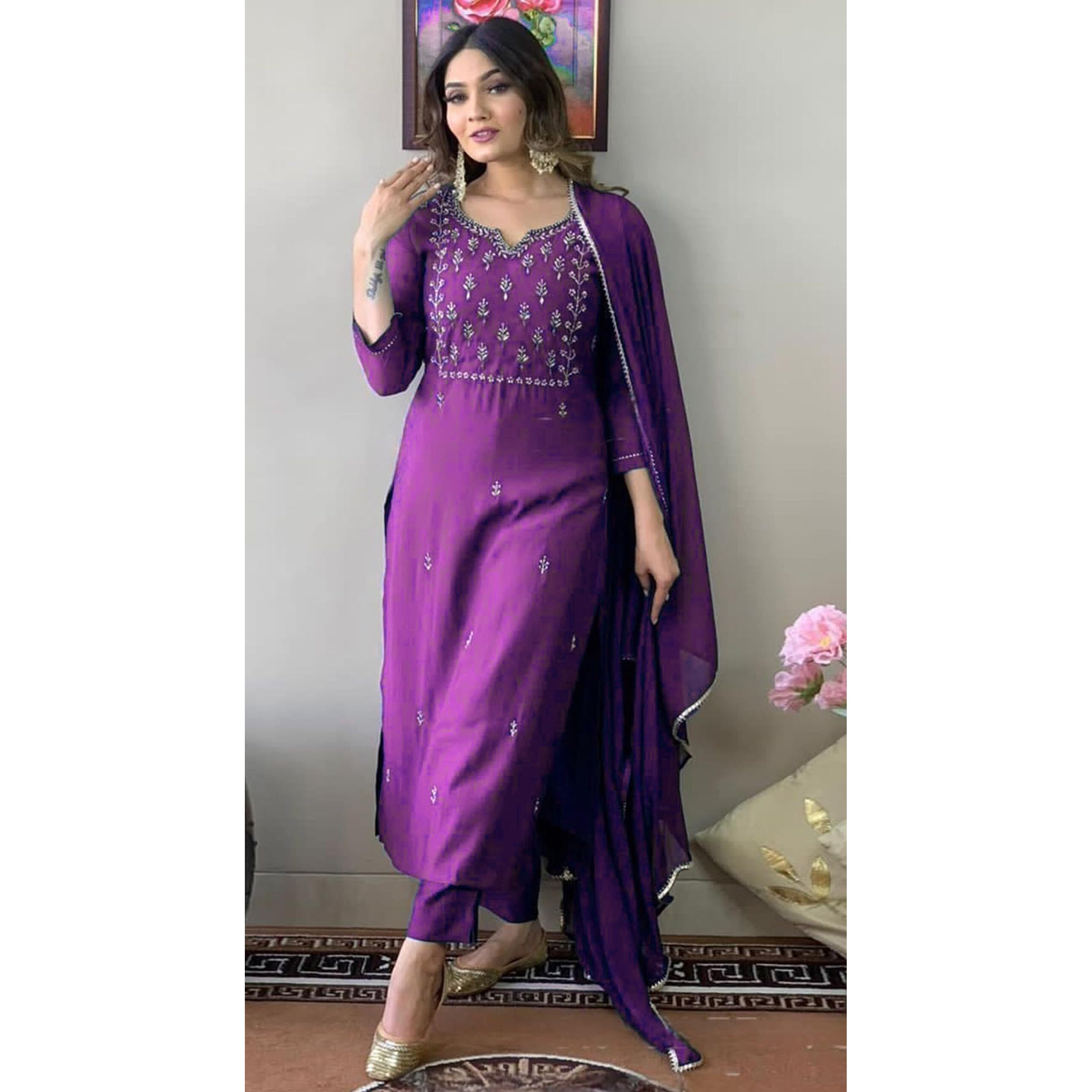 Florely Women's and Girl's Slub Rayon Cotton Regular Sequence Embroidered Work Latest Kurti with Trousers and Duppta (in, Alpha, 2XL, Regular, Purple)