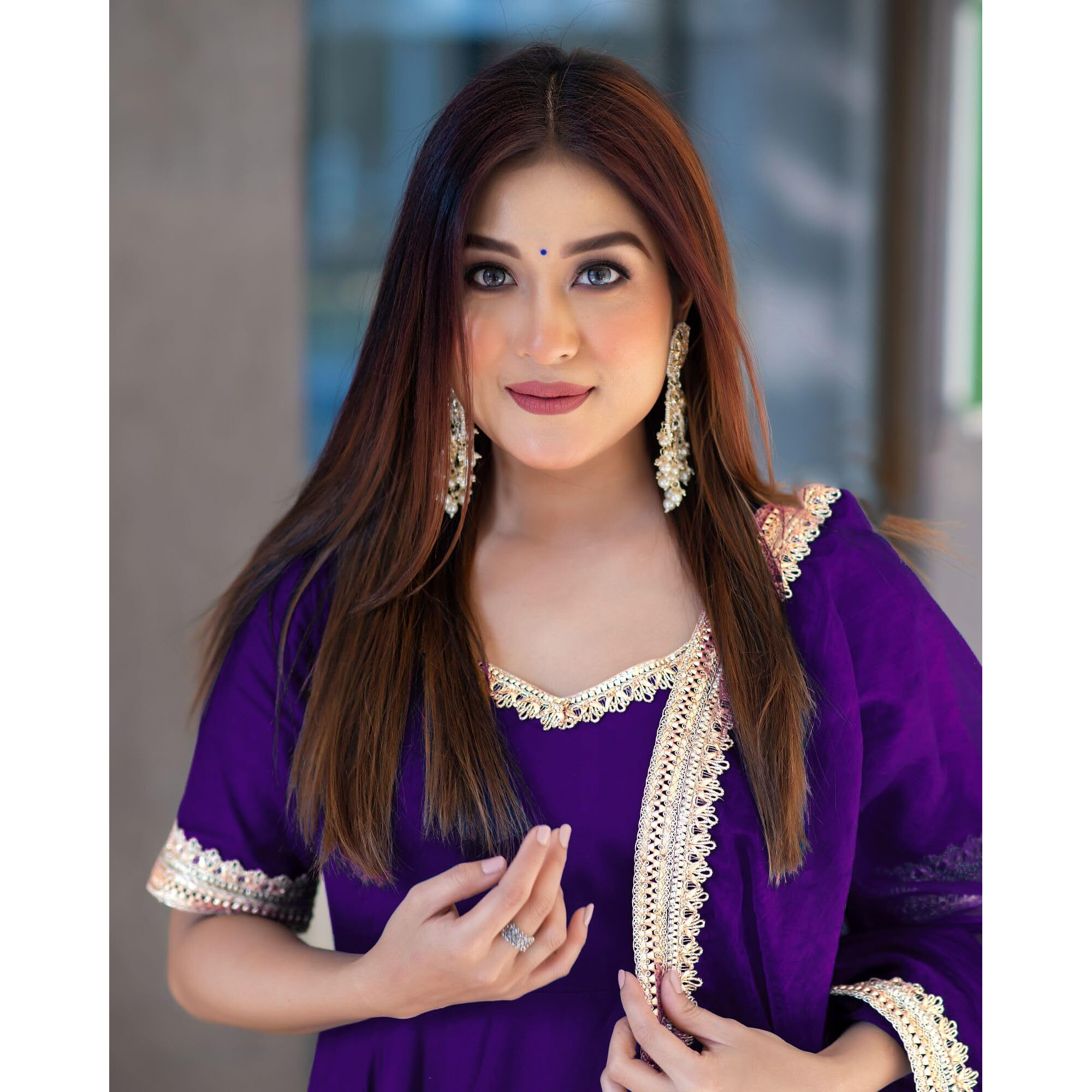 ANNI DESIGNER Women's Rayon Blend Anarkali Solid Kurta with Pant & Dupatta & Dupatta (Shyam Begani_M_Begani_Medium)