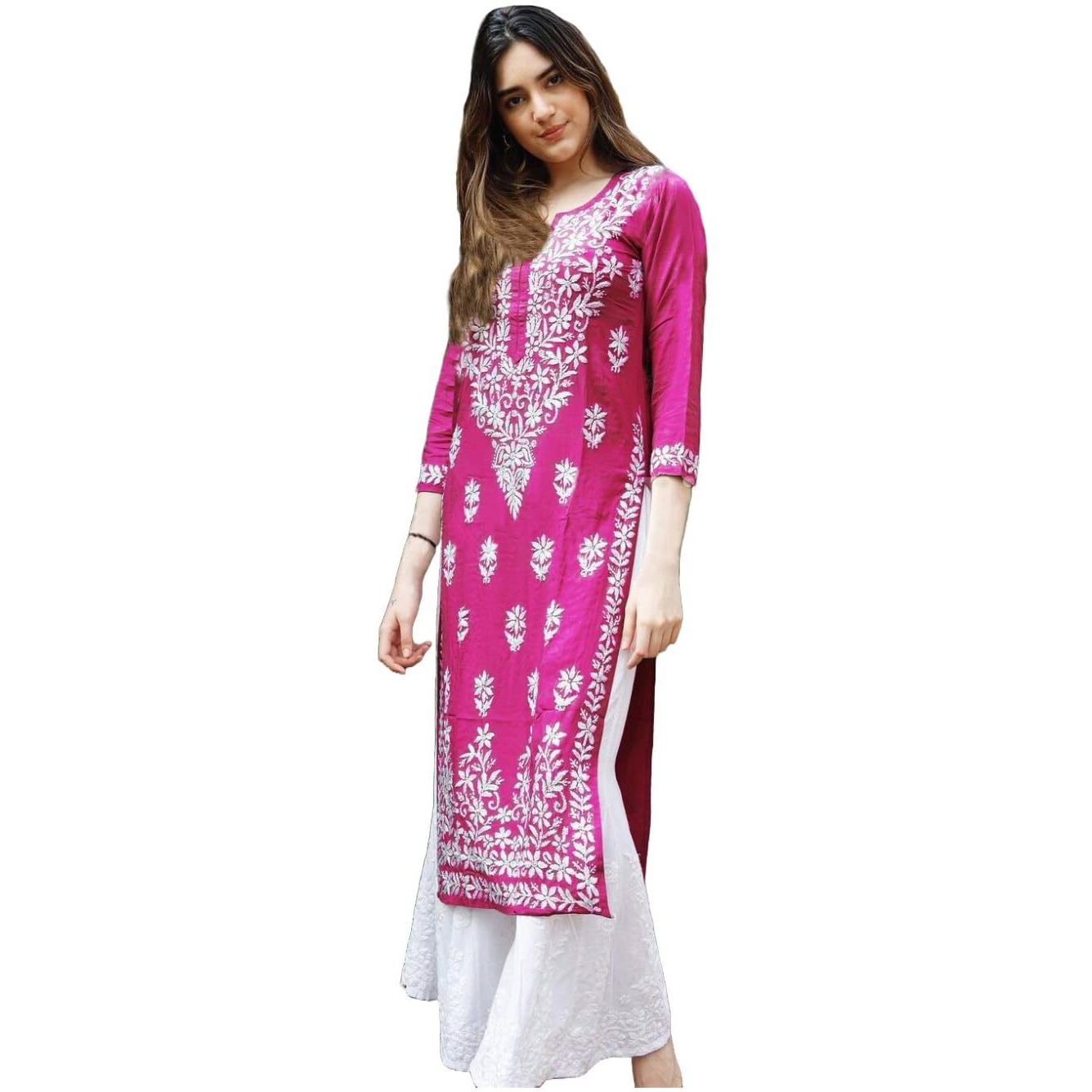 GoSriKi Women's Rayon Blend Straight Chikankari Embroidered Kurta (Victoria Pink-NW-GS_4XL_Beige_XXXX-Large)