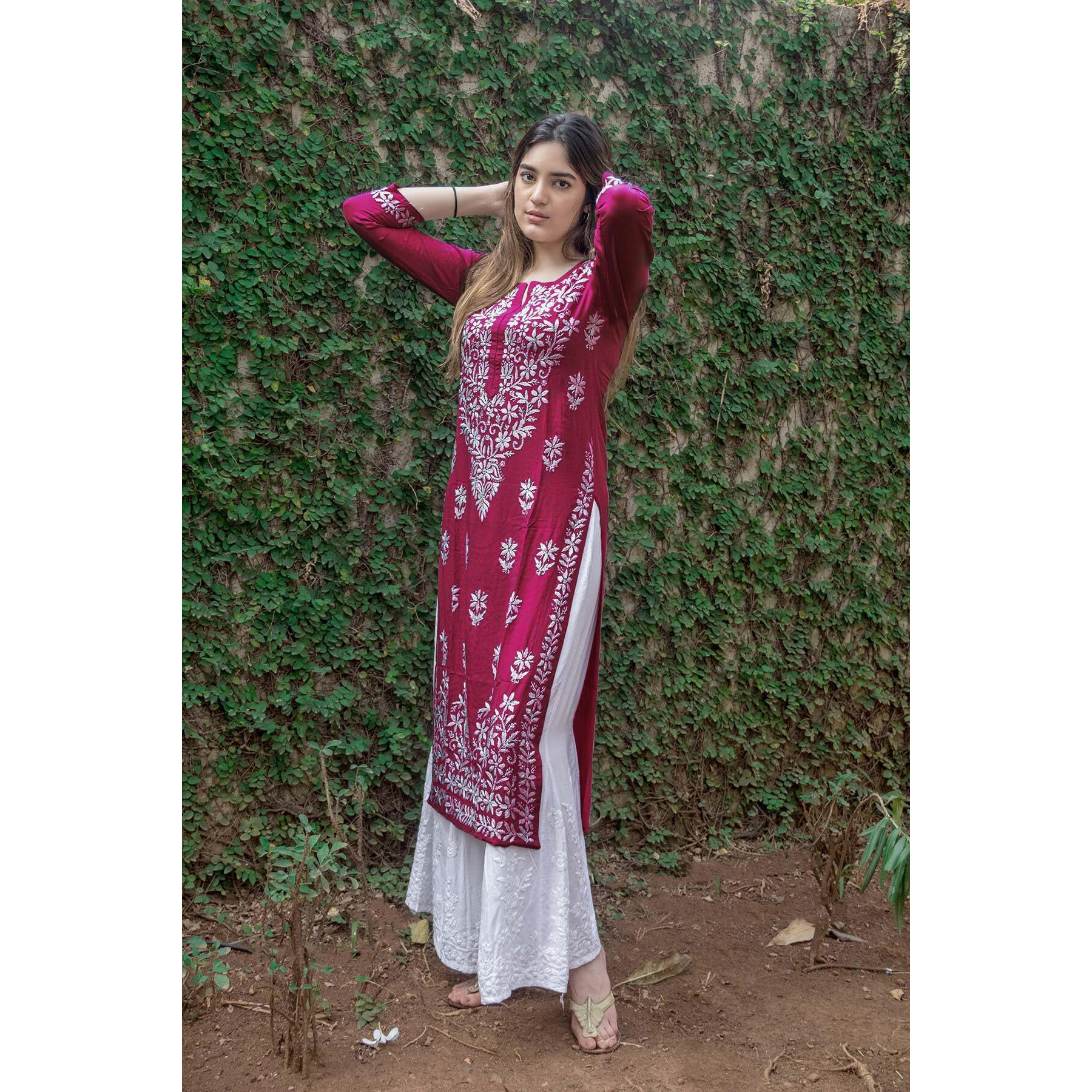 GoSriKi Women's Rayon Blend Straight Chikankari Embroidered Kurta (Victoria Pink-NW-GS_4XL_Beige_XXXX-Large)