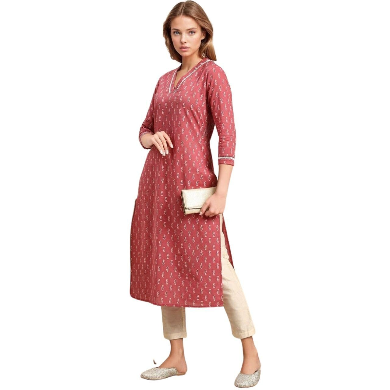 rytras Women's Cotton Floral Printed Straight Kurta(Peach,XXL)