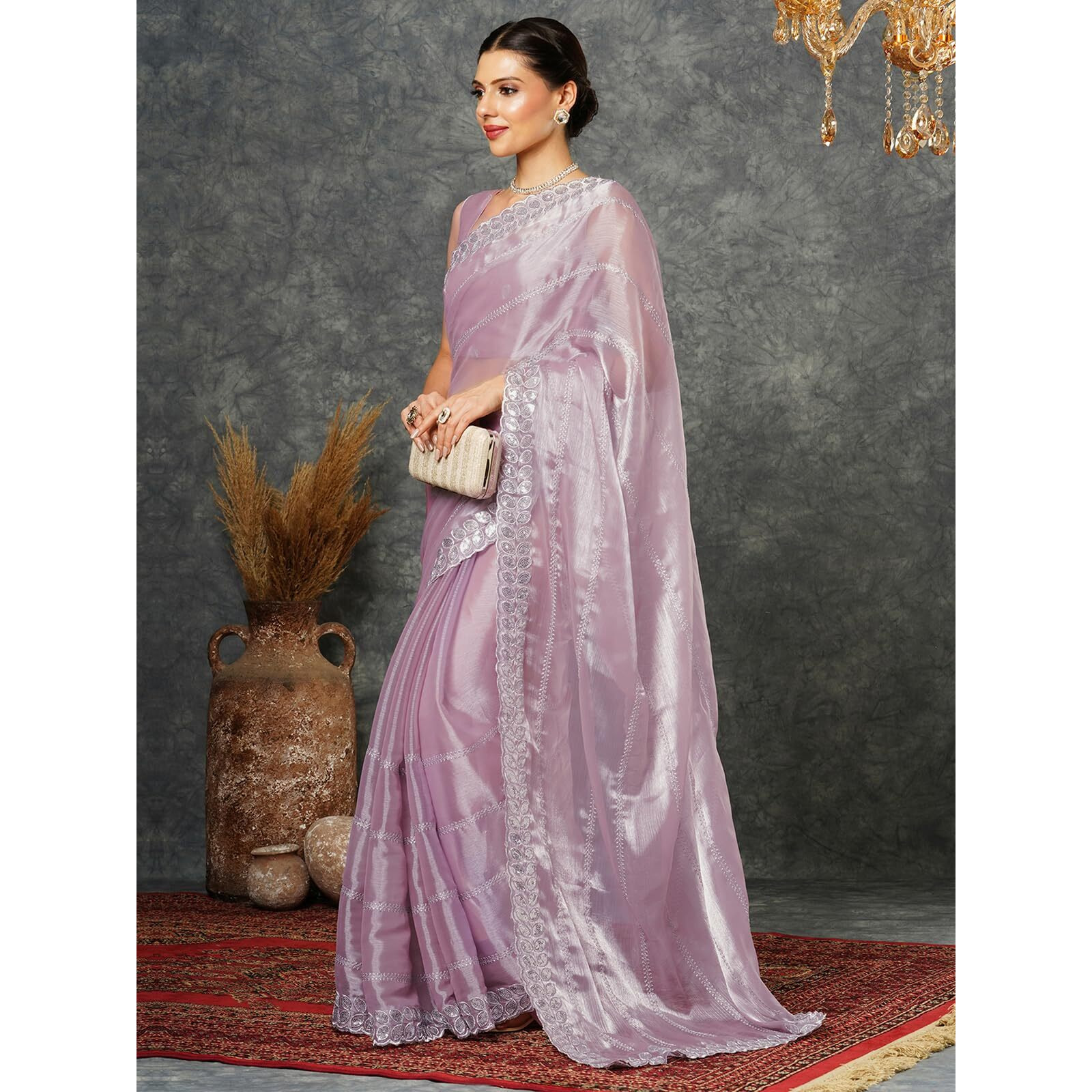 Satrani Women's Tissue Silk Sequence Embroidery Scalloped Border Saree with Unstitched Blouse Piece (3900S134N_Light Pink & Silver)