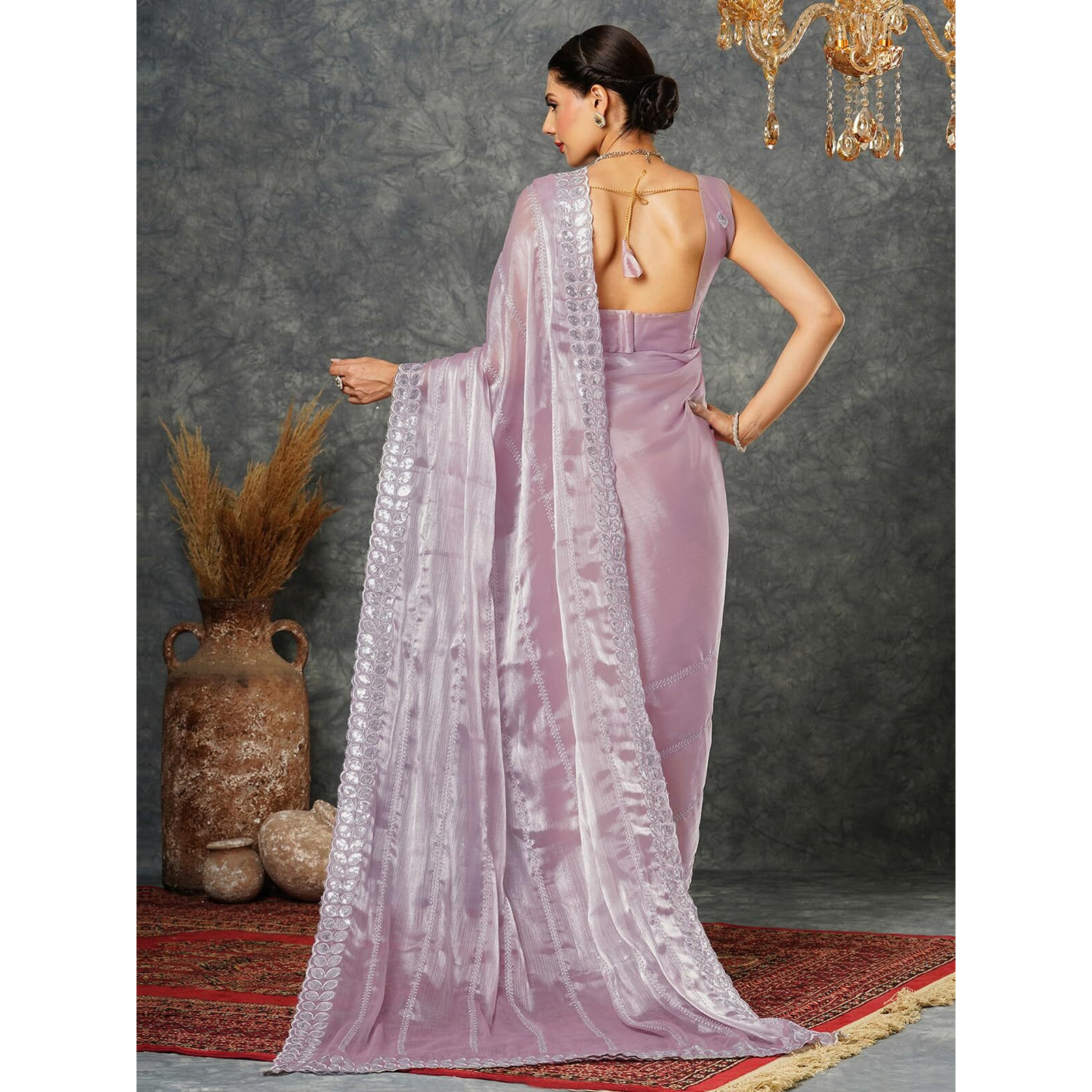 Satrani Women's Tissue Silk Sequence Embroidery Scalloped Border Saree with Unstitched Blouse Piece (3900S134N_Light Pink & Silver)