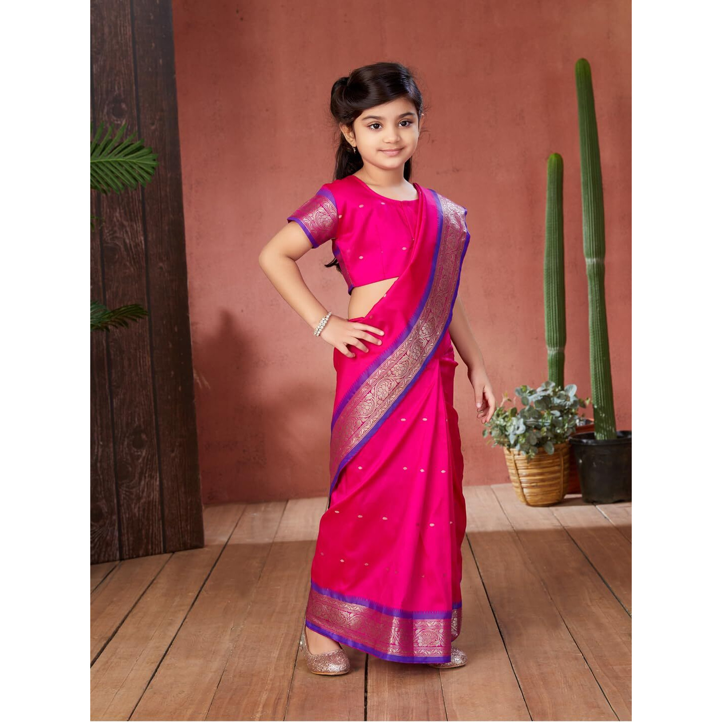Aarika Girls Ethnic Wear Rani Colour Kalyani Silk Saree (3-9 Years)