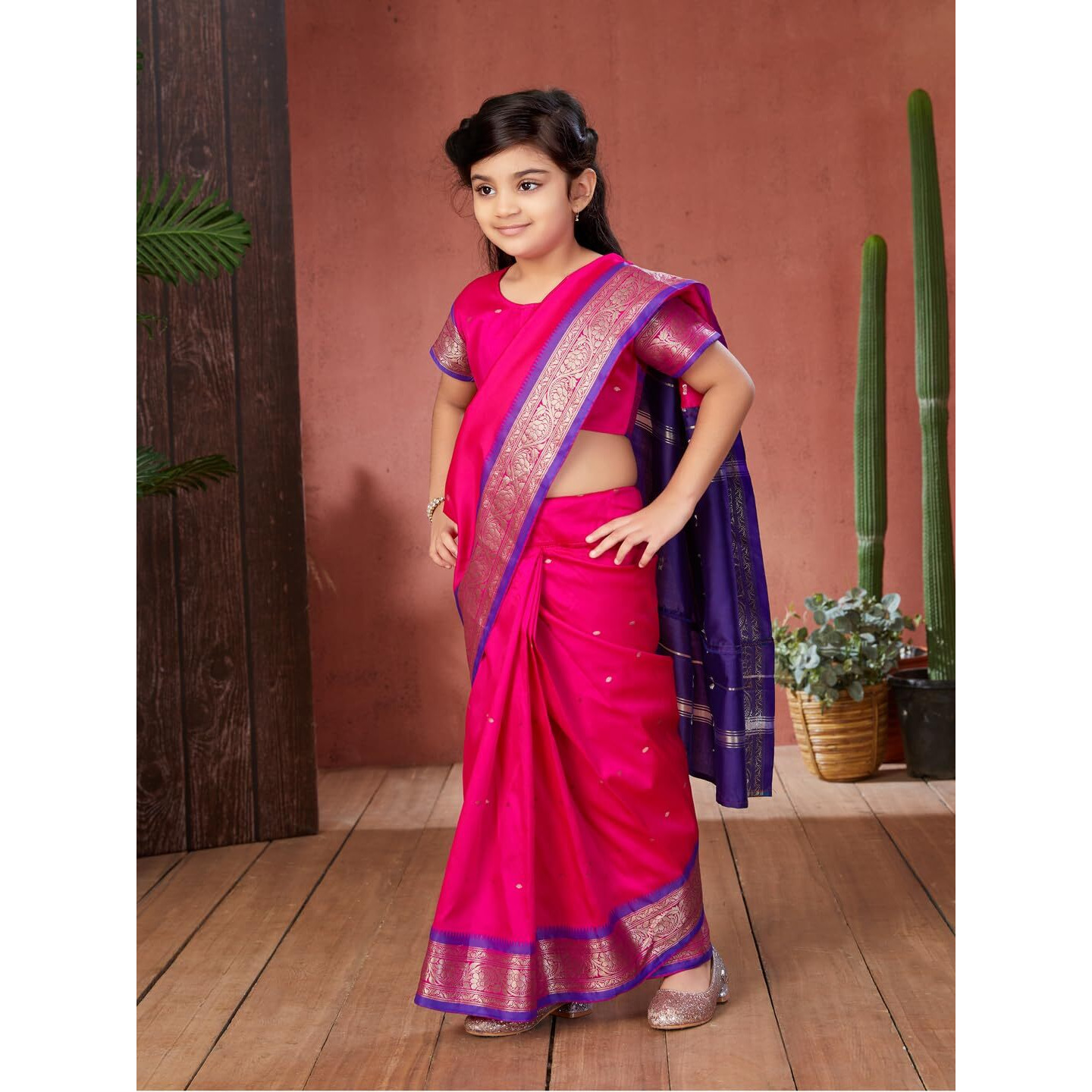 Aarika Girls Ethnic Wear Rani Colour Kalyani Silk Saree (3-9 Years)