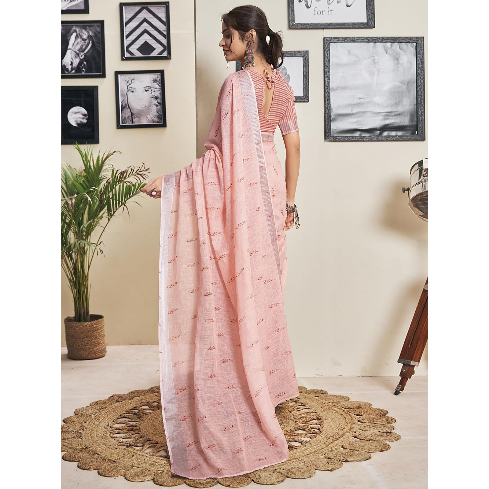 Satrani Women's Cotton Printed Zari Stripe Ready To Wear Saree with Unstitched Blouse Piece (18RS160N_Rose Pink)