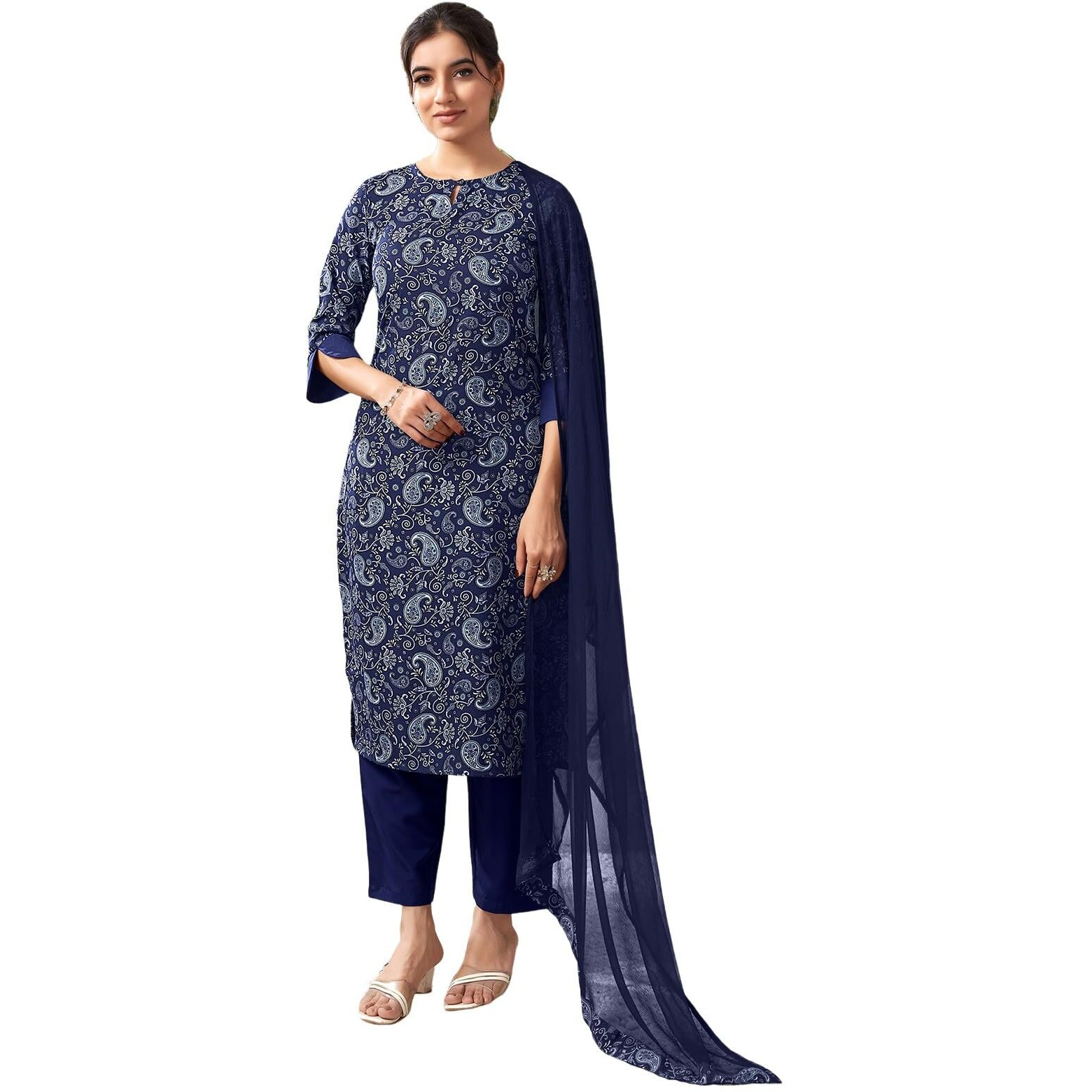 Sanisa Women's Crepe Printed Regular Kurtas & Kurtis (204KBD2165NR-S_Navy Sky Blue & Grey