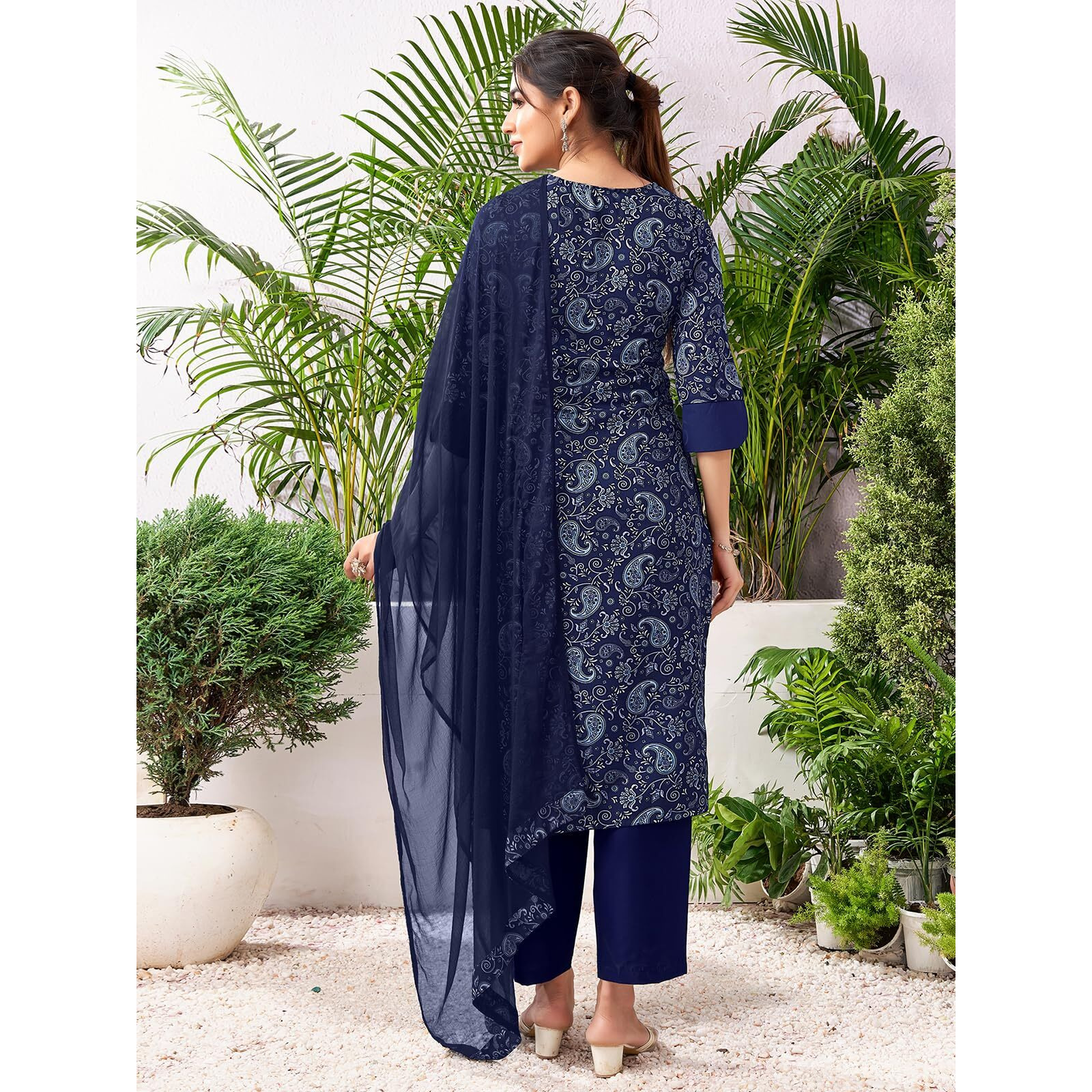 Sanisa Women's Crepe Printed Regular Kurtas & Kurtis (204KBD2165NR-S_Navy Sky Blue & Grey