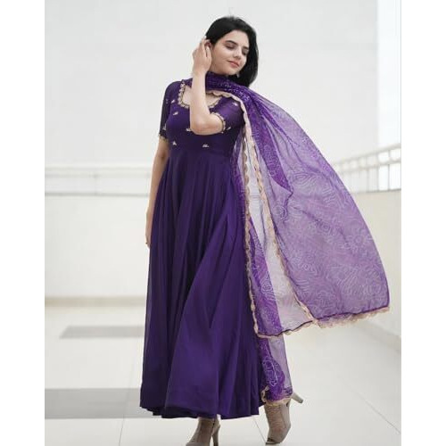 ANNI DESIGNER Women's Rayon Blend Anarkali Embroidered Kurta with Pant & Dupatta (Gumsum Begani_L_Begani_Large)