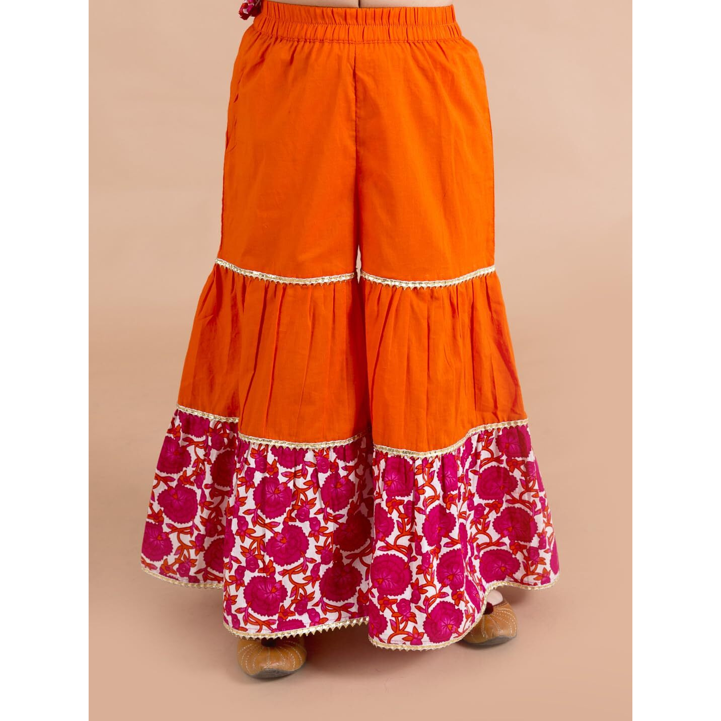 Pspeaches Girls Magenta Orange Printed Angrakha Cotton Kurta Set (Pink-5-6Y)