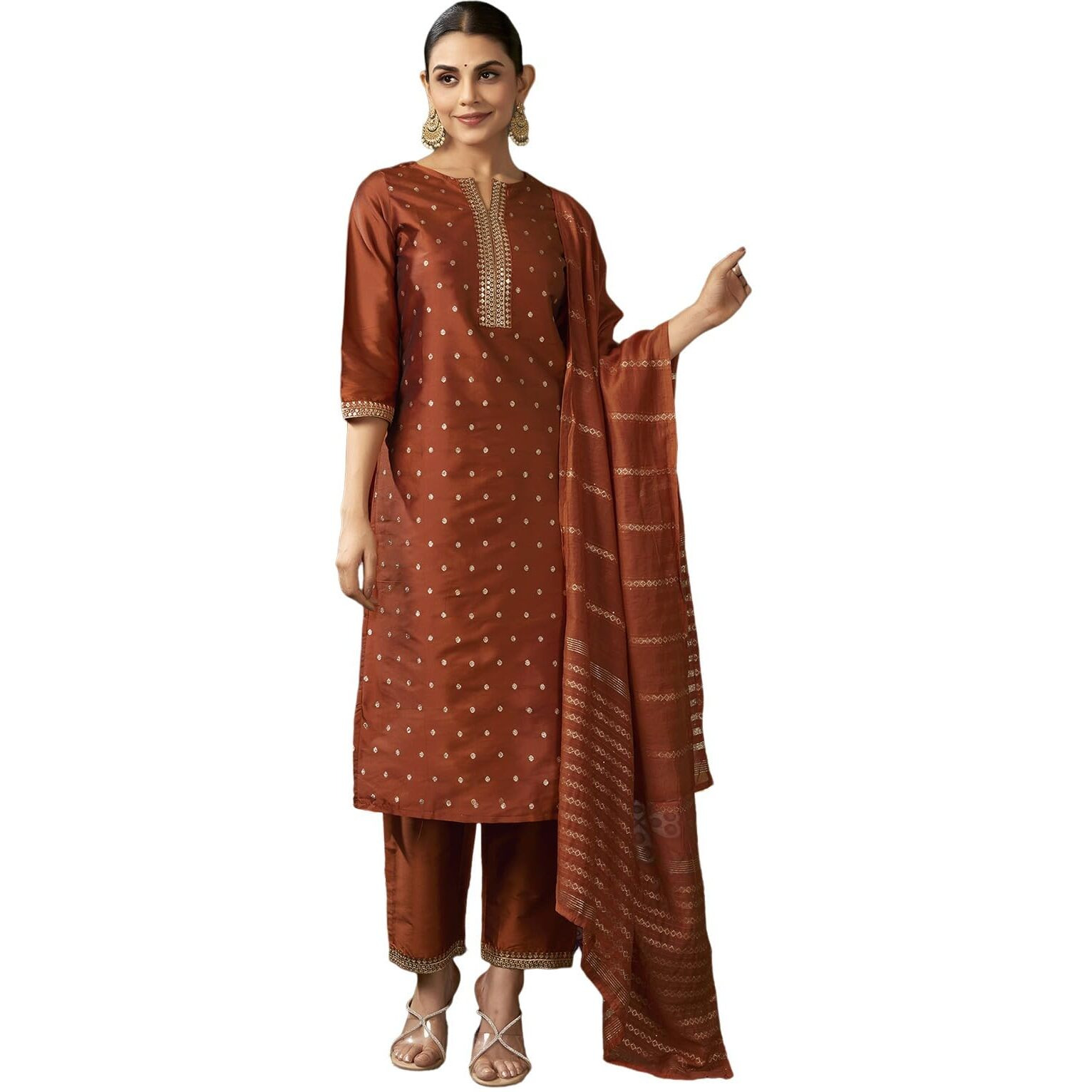 Sanisa Women's Silk Blend Jacquard and Sequins Embroidery Lace Straight Kurta with Pant and Dupatta Set (215KBD2272N-XXL_Rust & Golden)