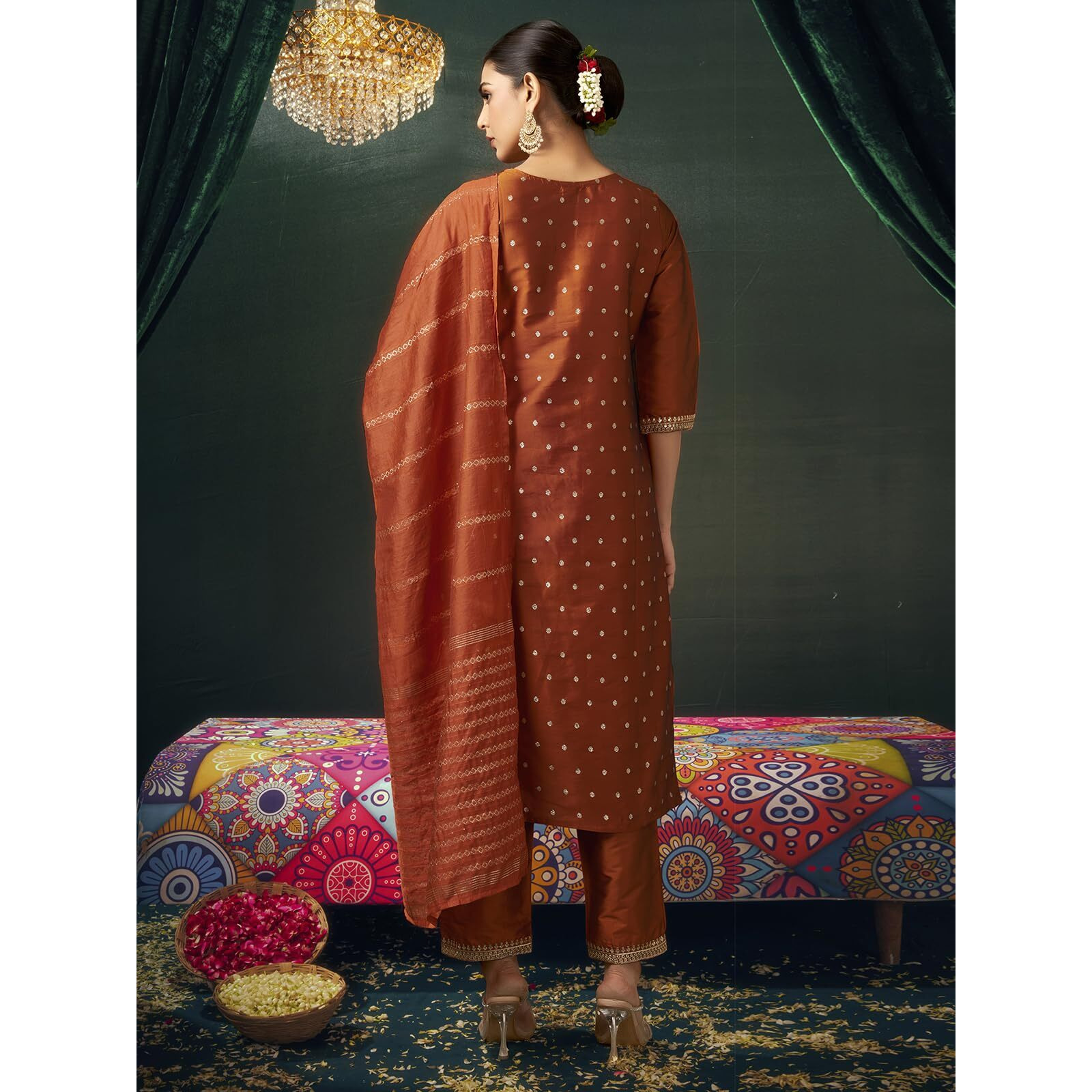 Sanisa Women's Silk Blend Jacquard and Sequins Embroidery Lace Straight Kurta with Pant and Dupatta Set (215KBD2272N-XXL_Rust & Golden)