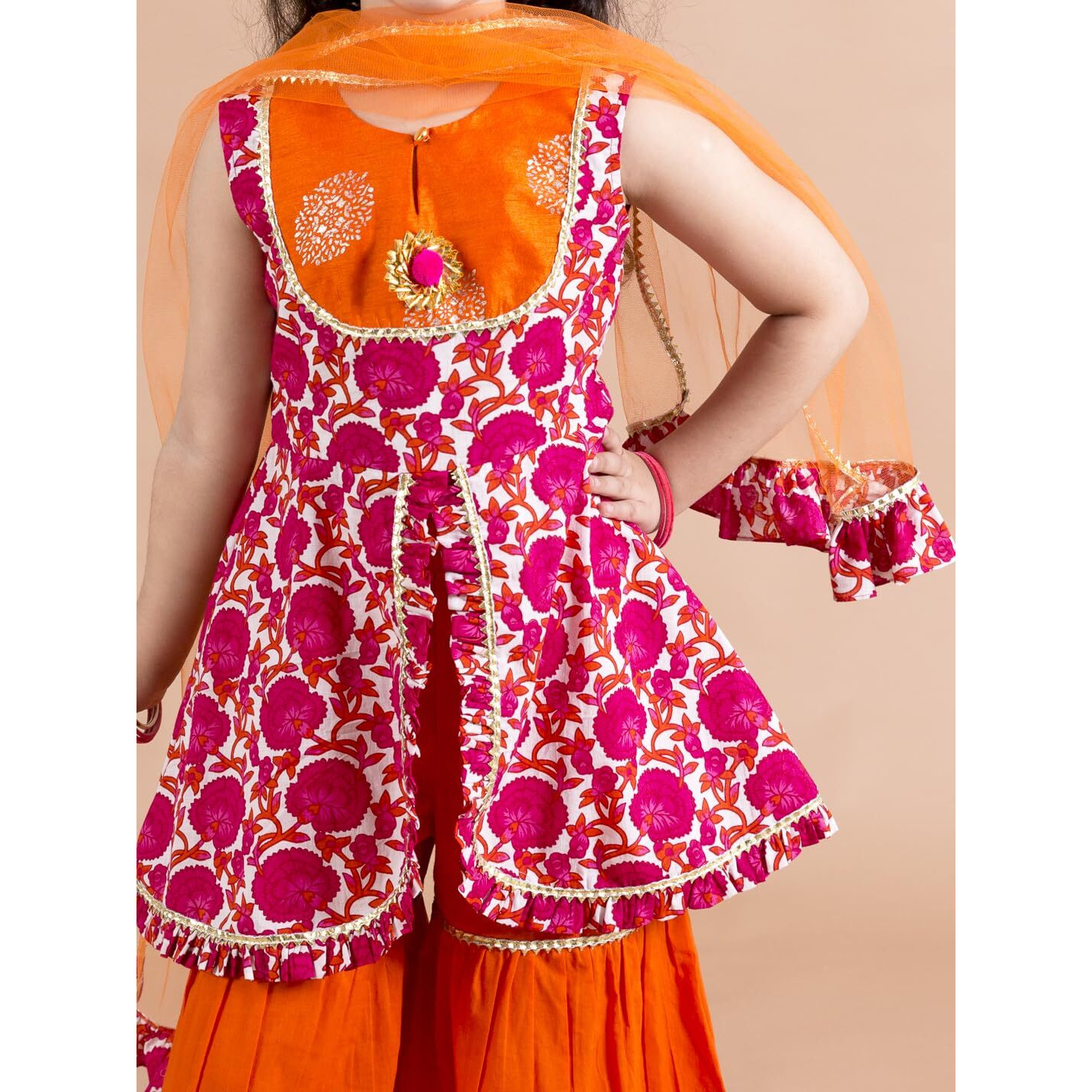 Pspeaches Girls Magenta Orange Printed Angrakha Cotton Kurta Set (Pink-12-14Y)