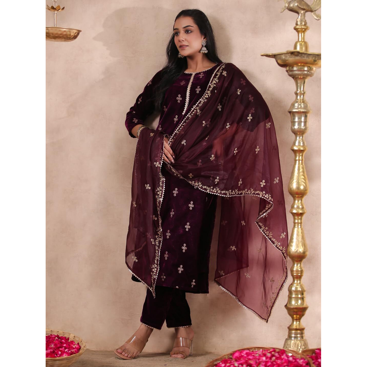 ishin Women's Velvet Self Design Purple Straight Kurta Suit Set with Trousers and Dupatta