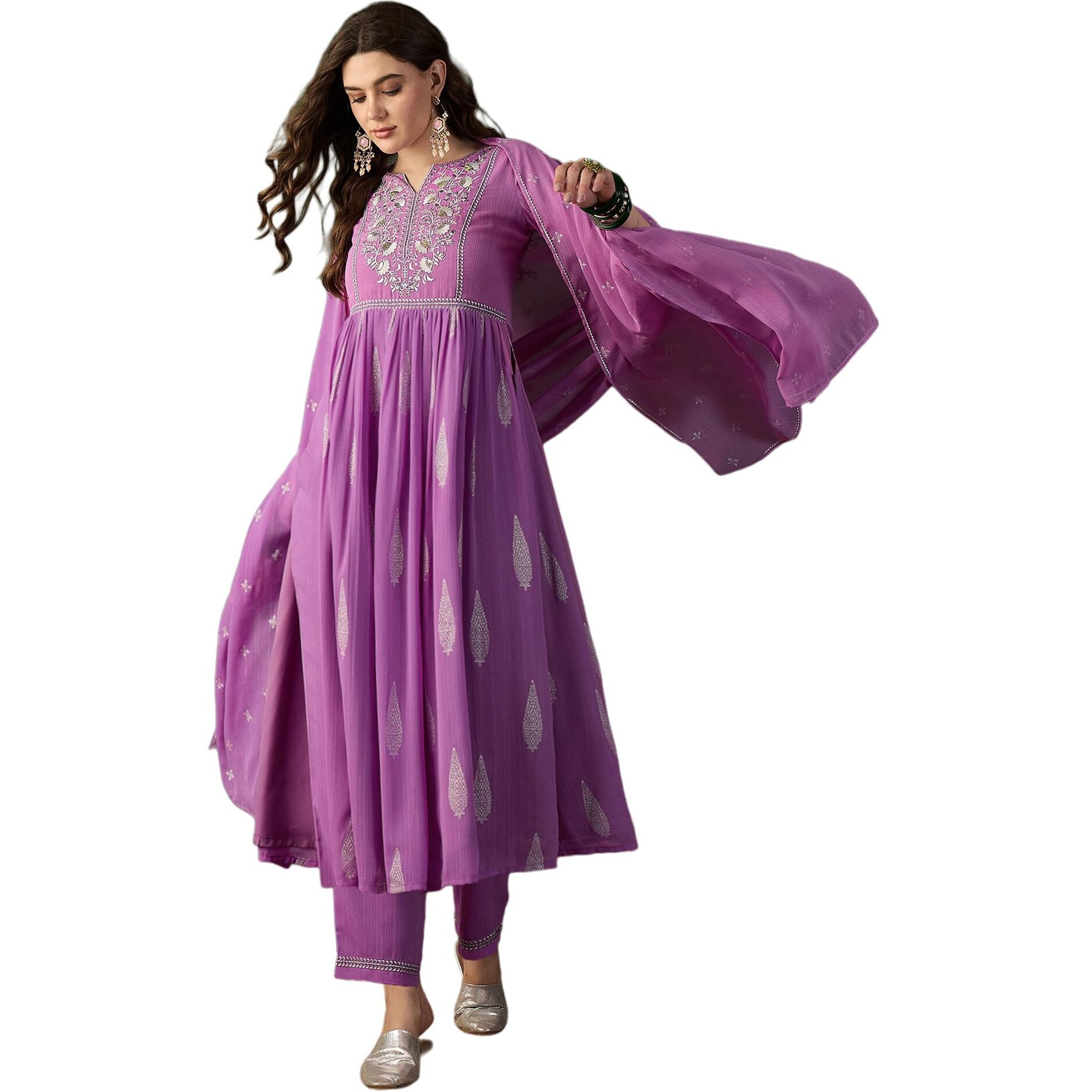 SheWill Lavender Milky Georgette Zari Sequence Embroidered Naira Cut Kurta with Pant Style Palazzo and Dupatta |SHEKS10053_MUSM_A