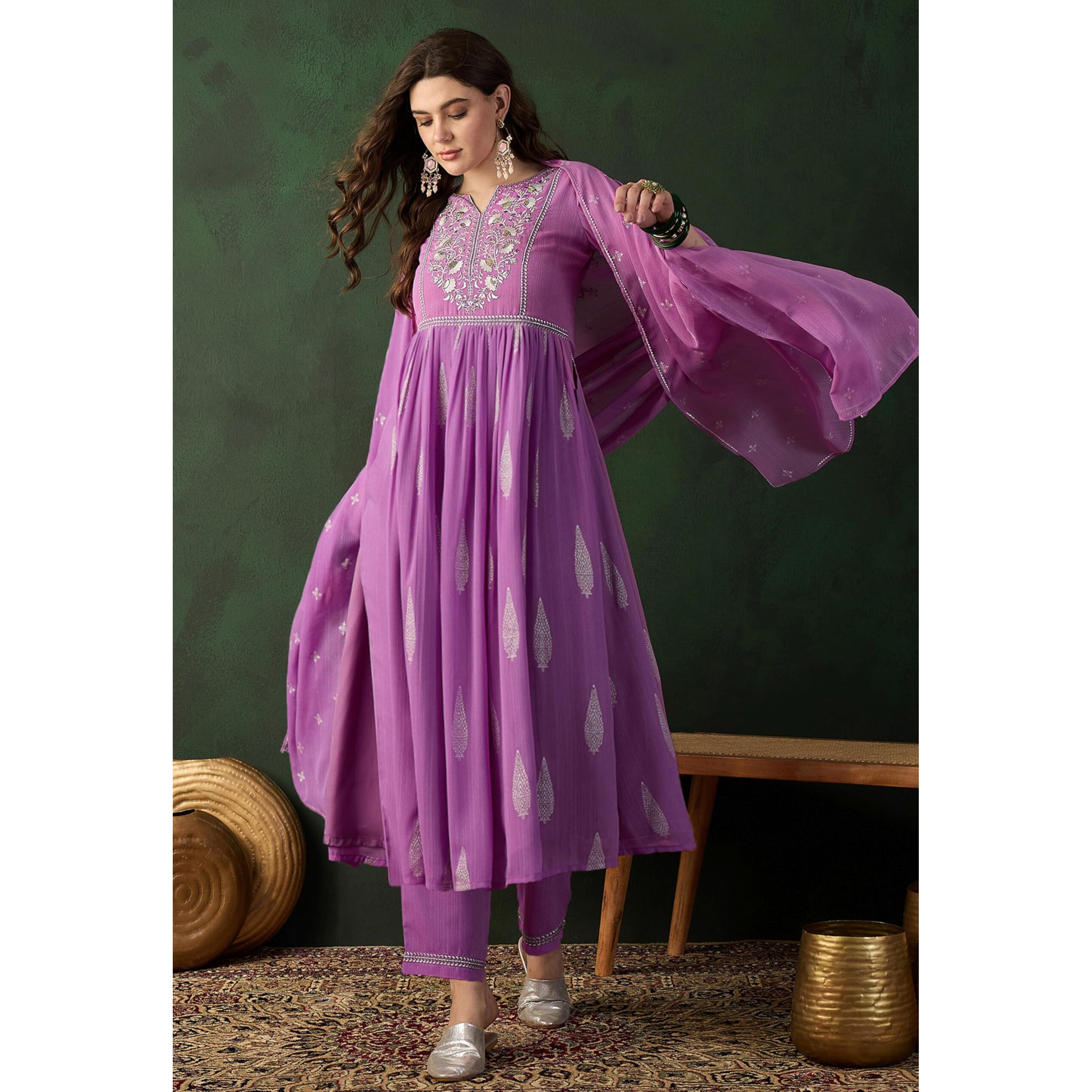 SheWill Lavender Milky Georgette Zari Sequence Embroidered Naira Cut Kurta with Pant Style Palazzo and Dupatta |SHEKS10053_MUSM_A