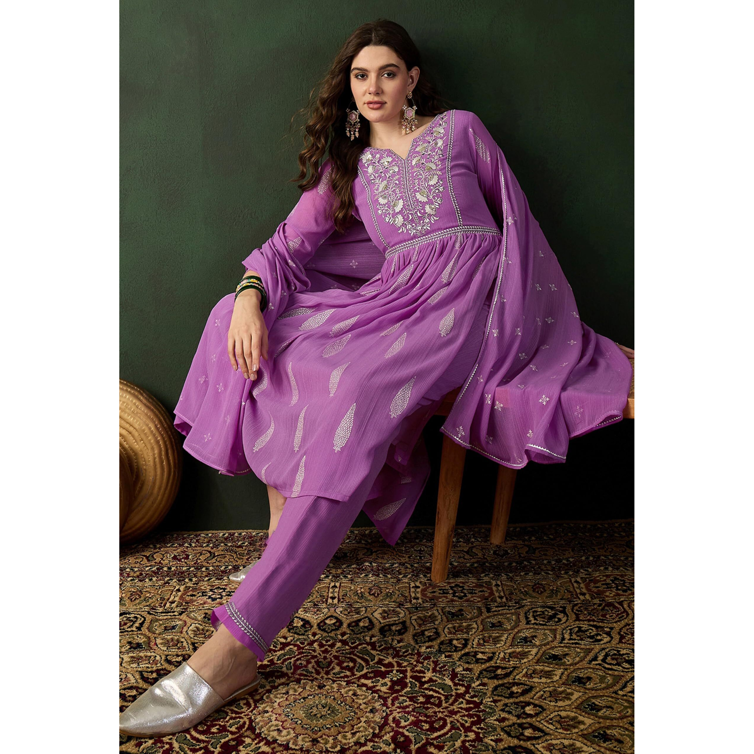 SheWill Lavender Milky Georgette Zari Sequence Embroidered Naira Cut Kurta with Pant Style Palazzo and Dupatta |SHEKS10053_MUSM_A