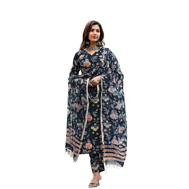 SHIENZY Women's Cotton Blend Kurta Pant with Dupatta (1599_KBD-L_Navy Blue_L)