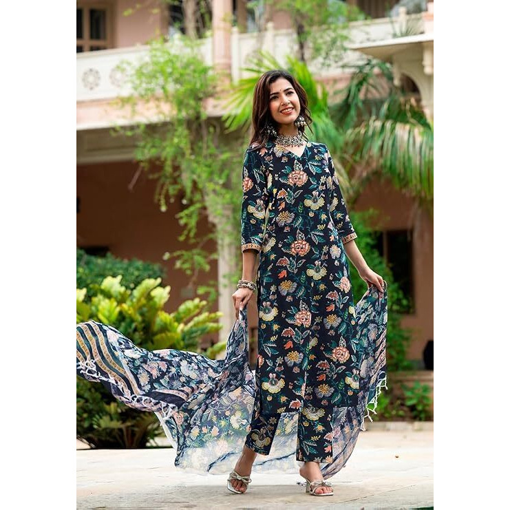 SHIENZY Women's Cotton Blend Kurta Pant with Dupatta (1599_KBD-L_Navy Blue_L)