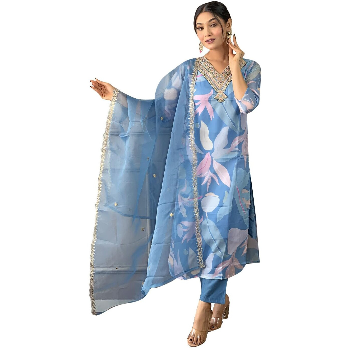 Naixa Women's Sky Organza with Cotton Lining Embroidered and Printed Straight Kurta with Rayon Pant and Organza Laced Dupatta Sets (NK-424-Sky-XL)
