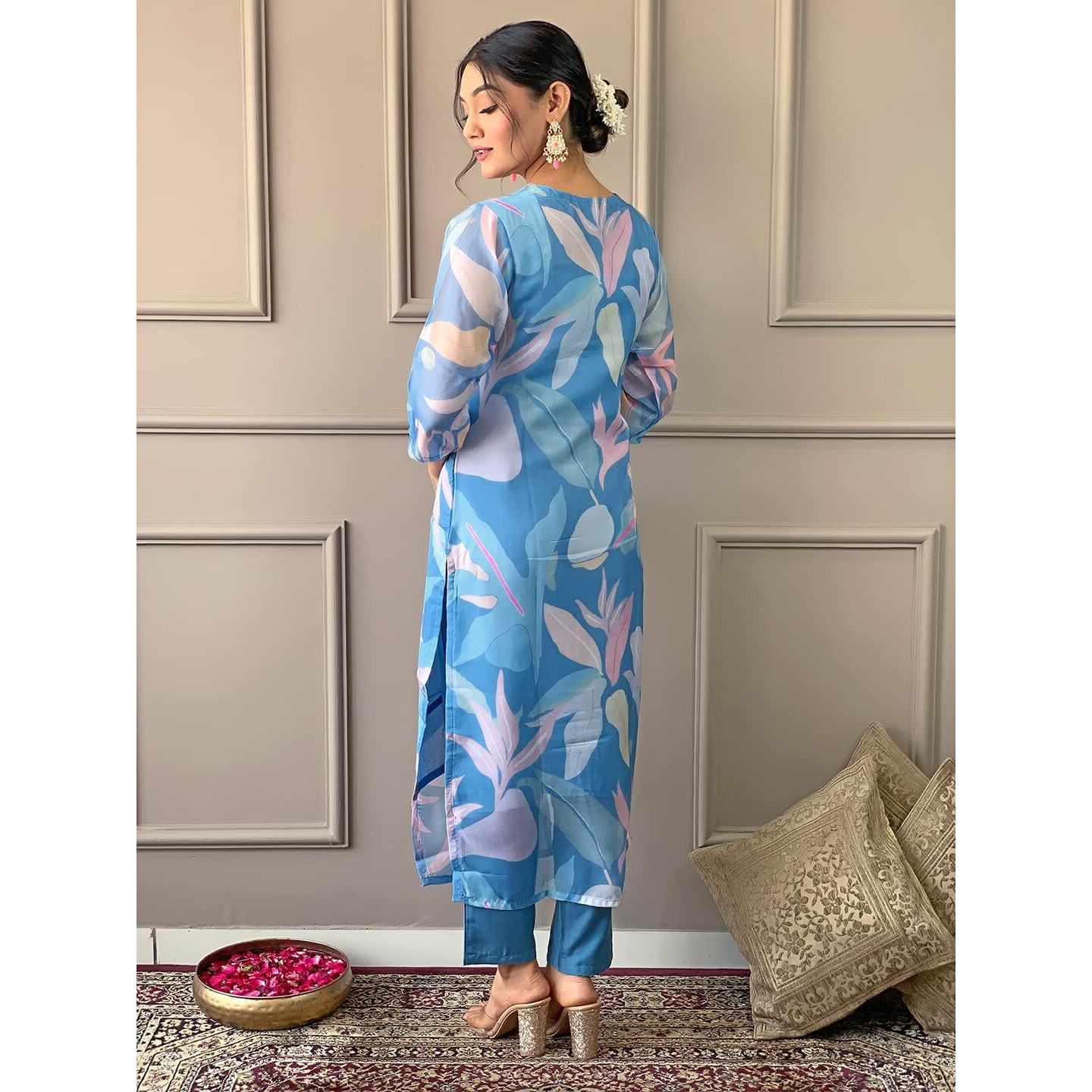 Naixa Women's Sky Organza with Cotton Lining Embroidered and Printed Straight Kurta with Rayon Pant and Organza Laced Dupatta Sets (NK-424-Sky-XL)