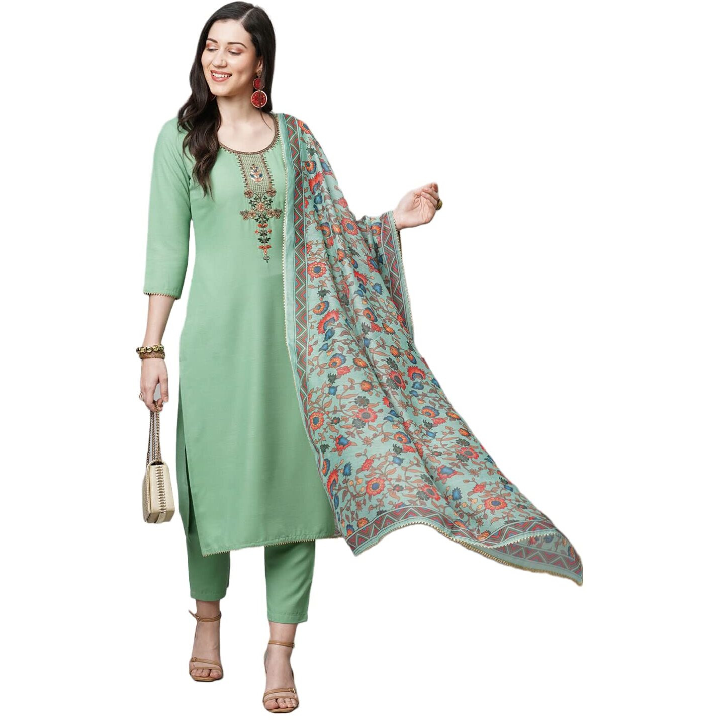 ANNI DESIGNER Women's Cotton Blend Solid Straight Kurta with Pant & Dupatta (Authentic-Pista_XL_Pista_X-Large)
