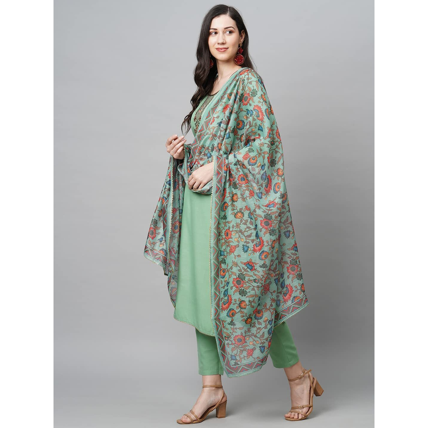 ANNI DESIGNER Women's Cotton Blend Solid Straight Kurta with Pant & Dupatta (Authentic-Pista_XL_Pista_X-Large)