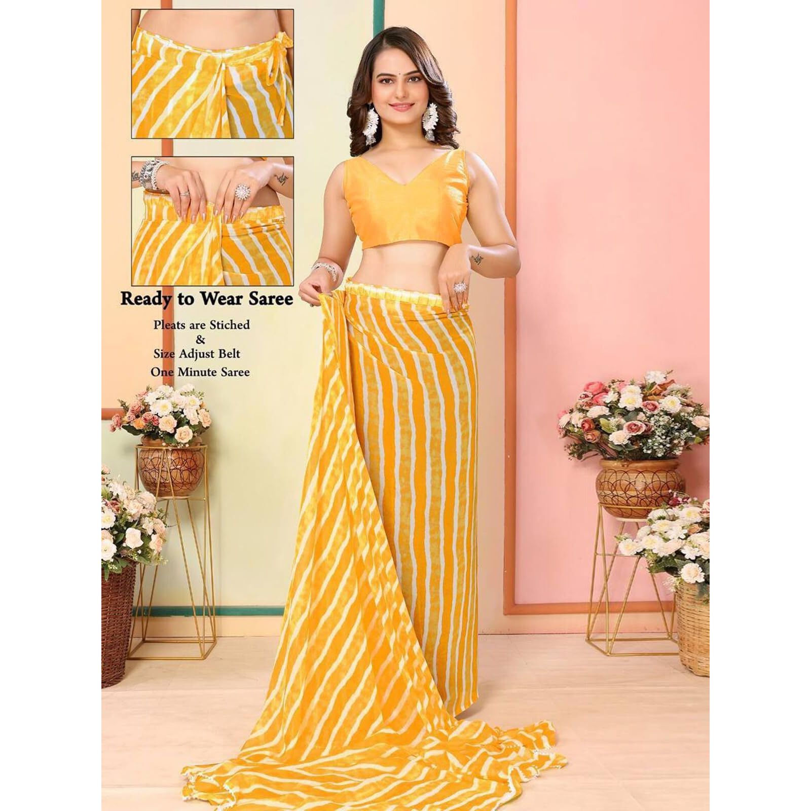 Satrani Women's Georgette Leheriya Printed Ready To Wear Saree with Unstitched Blouse Piece (24RS114N_Yellow4)