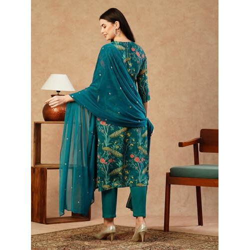 ANNI DESIGNER Women's Cotton Blend Straight Printed Kurta with Pant & Dupatta (GETO RAMA-NFB_L_Green_Large)