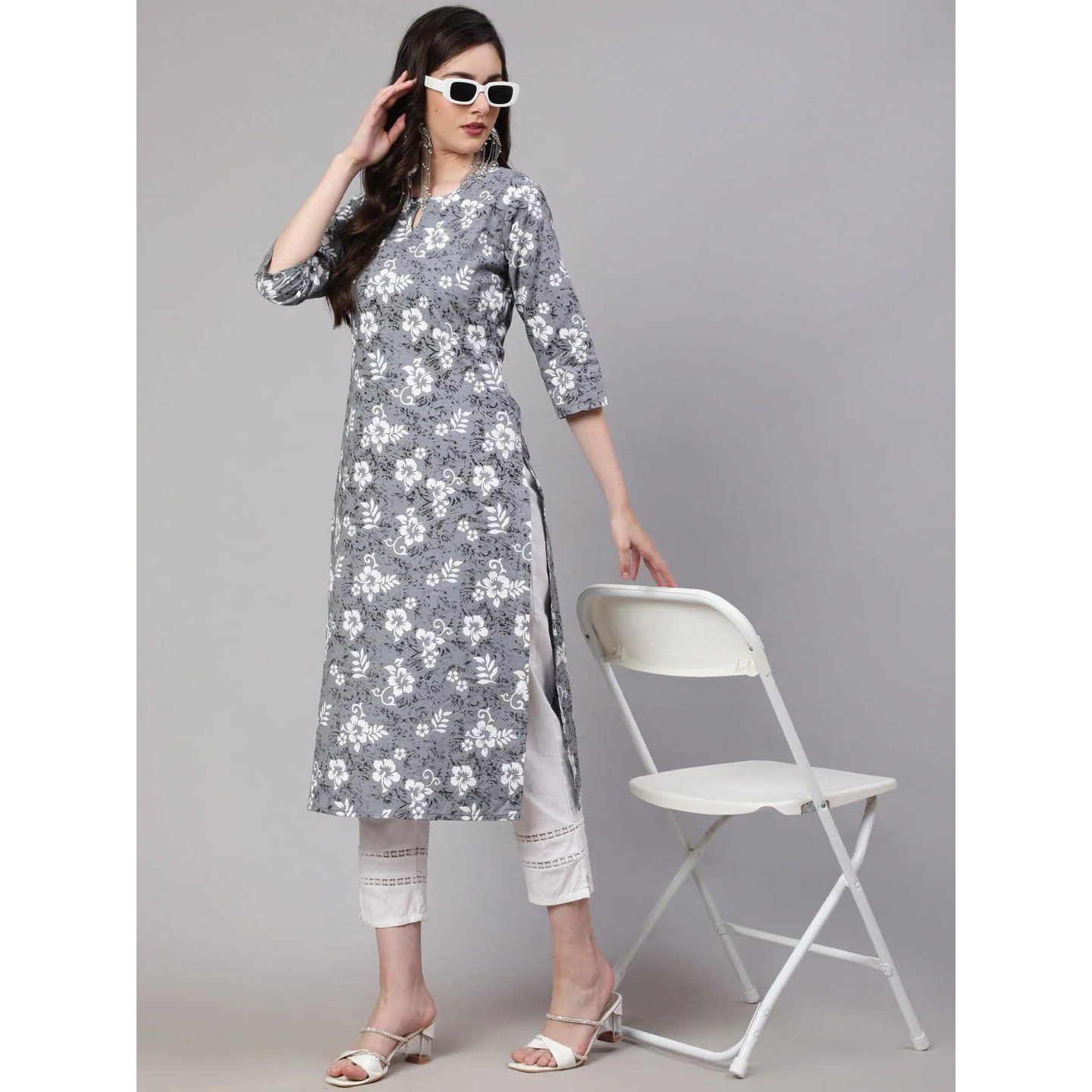 Bollyclues Women's Printed Crepe Straight Printed Kurti(BC-GR) Grey