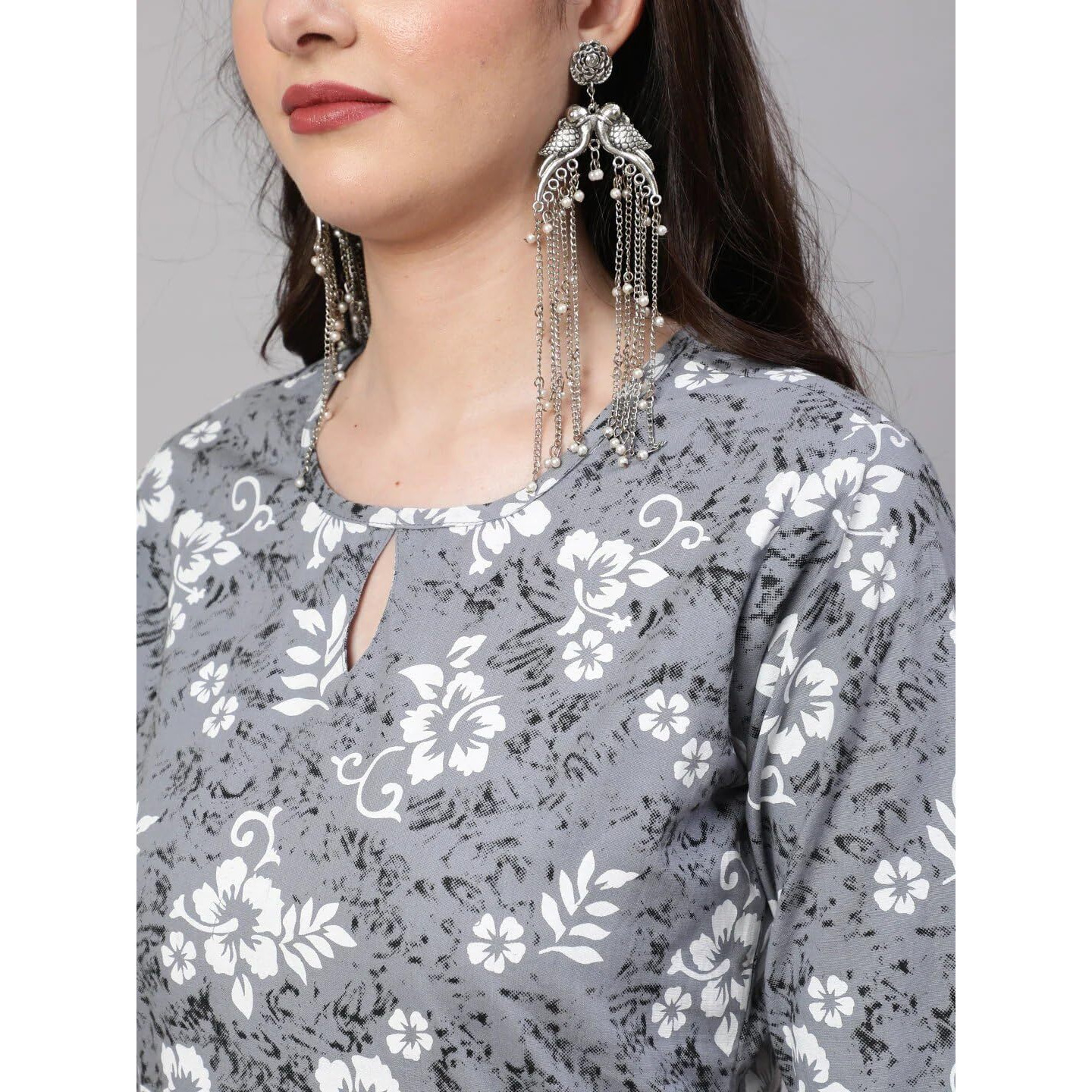 Bollyclues Women's Printed Crepe Straight Printed Kurti(BC-GR) Grey