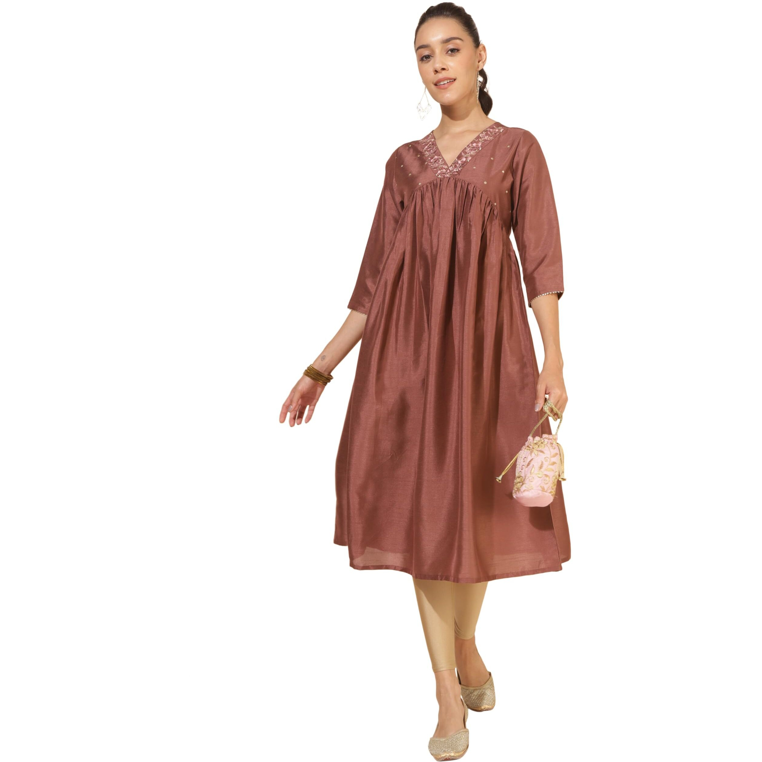 Janasya Women's Brown Crepe Silk Embellished Empire Kurta(JNE4351-KR-M)